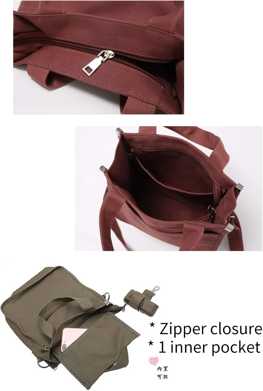 Jeelow Small Canvas Tote Handbag Shoulder Crossbody Bag Purse With Zipper & Pockets For Men & Women
