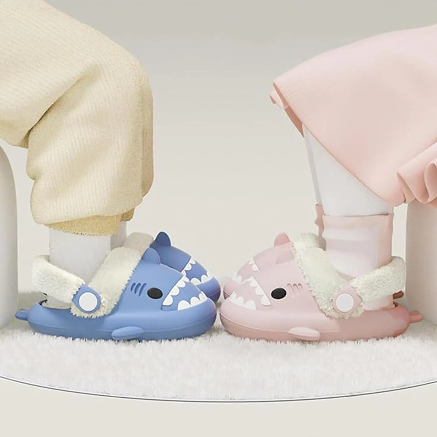 Jfxgjuv Sharklas Originales Kids, Sharky Chanclas Kids, Shark Slides Kids with Back Strap, Shark Polares Kids Shark Slides Summer and Winter Detachable Plush Warm Slippers