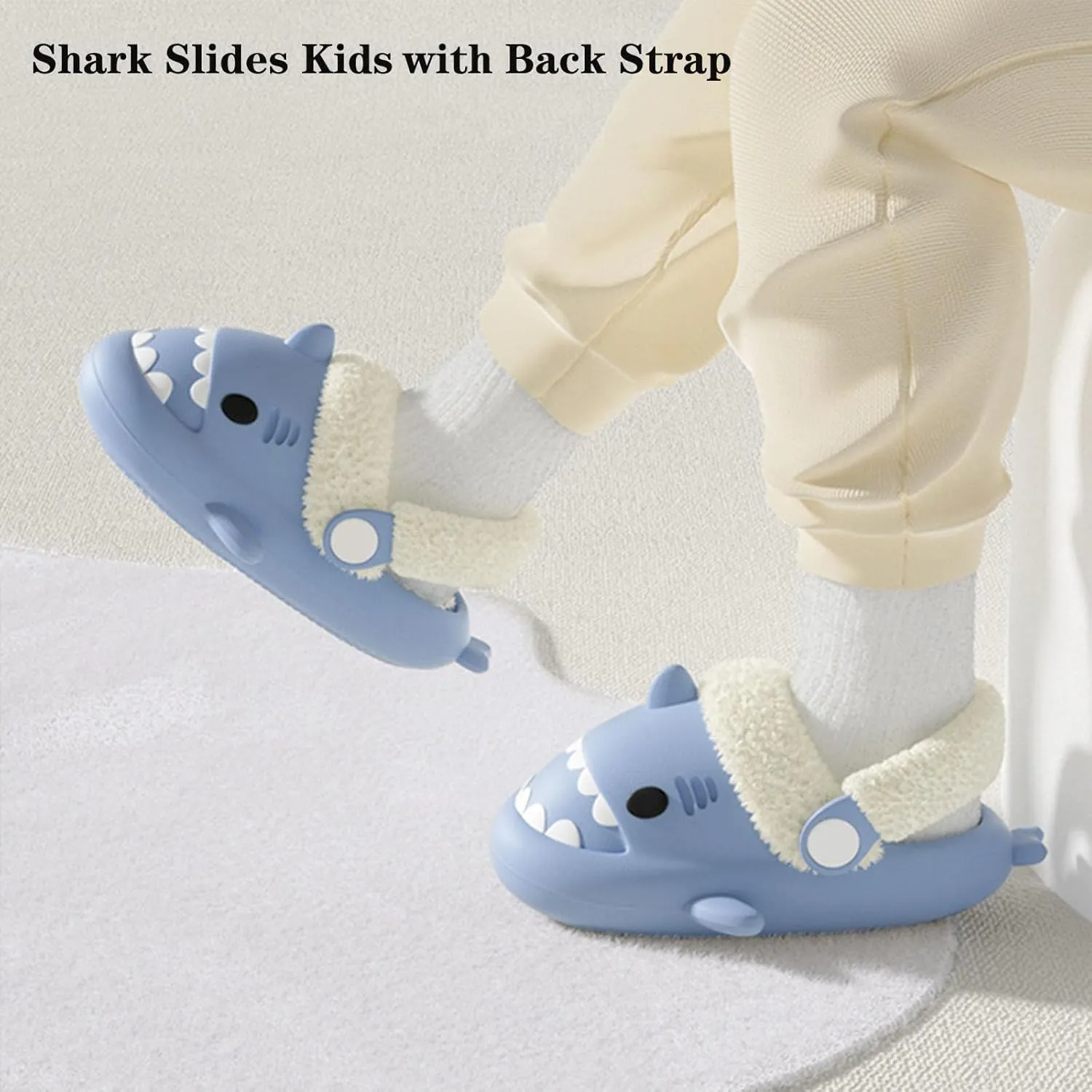 Jfxgjuv Sharklas Originales Kids, Sharky Chanclas Kids, Shark Slides Kids with Back Strap, Shark Polares Kids Shark Slides Summer and Winter Detachable Plush Warm Slippers