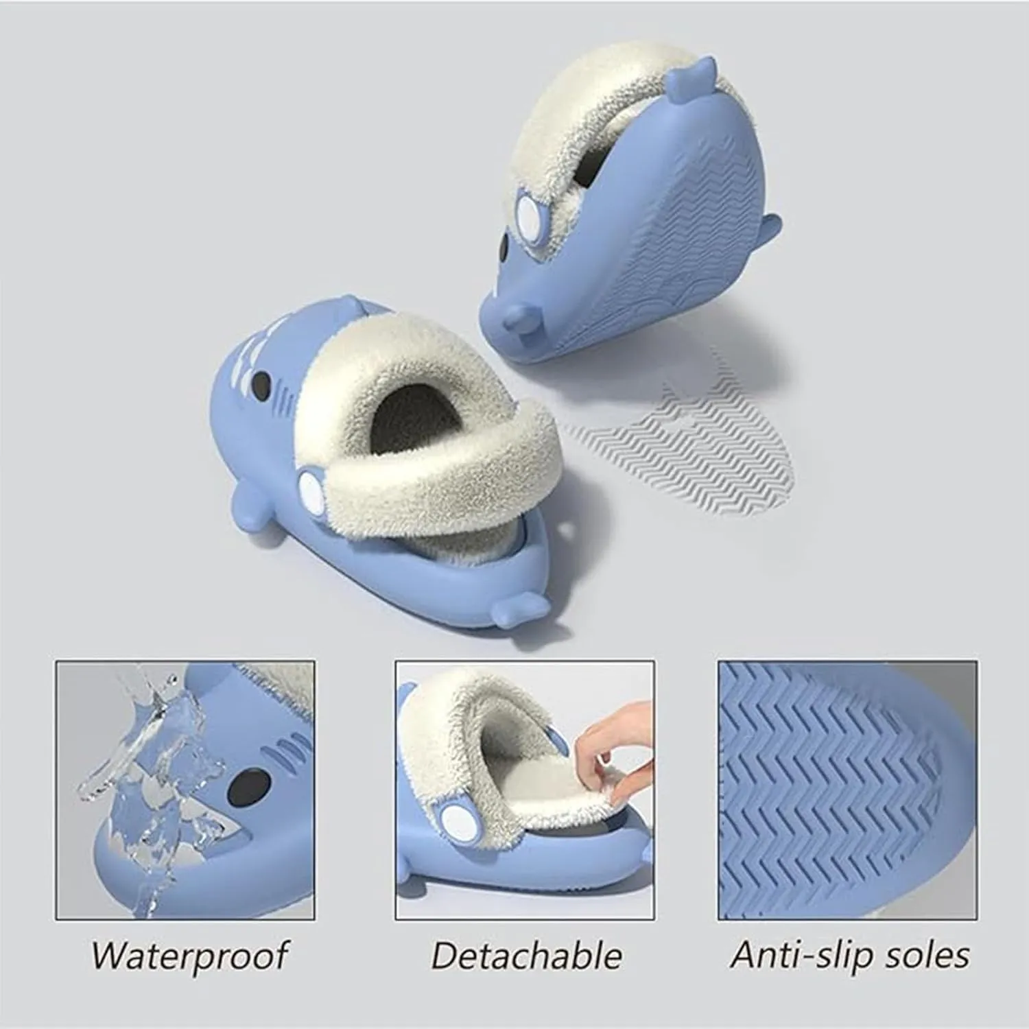 Jfxgjuv Sharklas Originales Kids, Sharky Chanclas Kids, Shark Slides Kids with Back Strap, Shark Polares Kids Shark Slides Summer and Winter Detachable Plush Warm Slippers