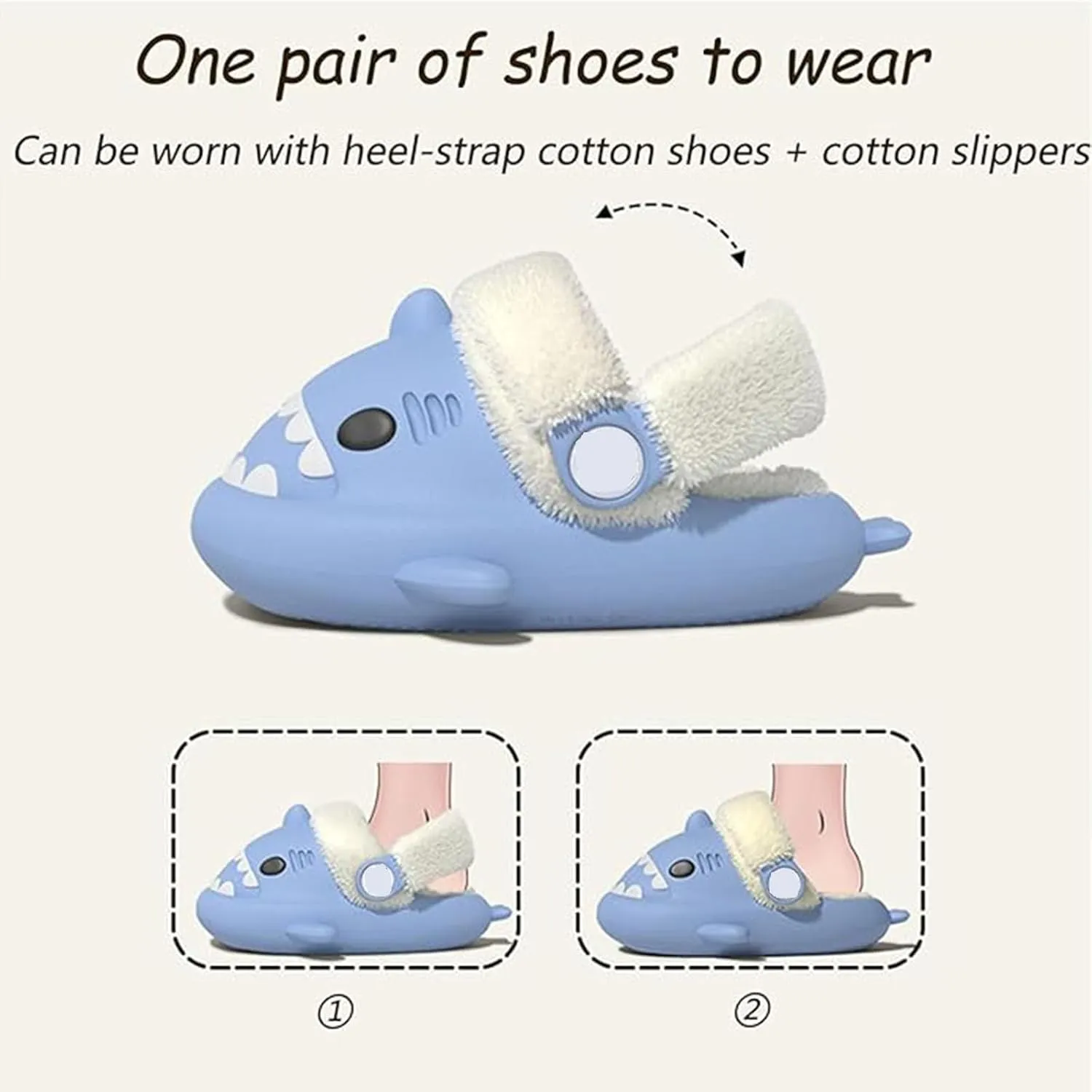 Jfxgjuv Sharklas Originales Kids, Sharky Chanclas Kids, Shark Slides Kids with Back Strap, Shark Polares Kids Shark Slides Summer and Winter Detachable Plush Warm Slippers