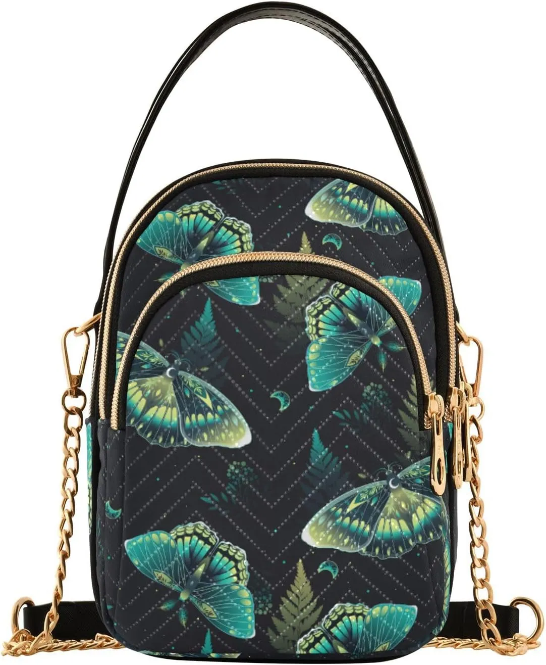 JIPONI Dark and Mystical Green Moths Moon Quilted Crossbody Bag for Women, Small Cell Phone Bag Shoulder Handbags Purse with Leather Strap