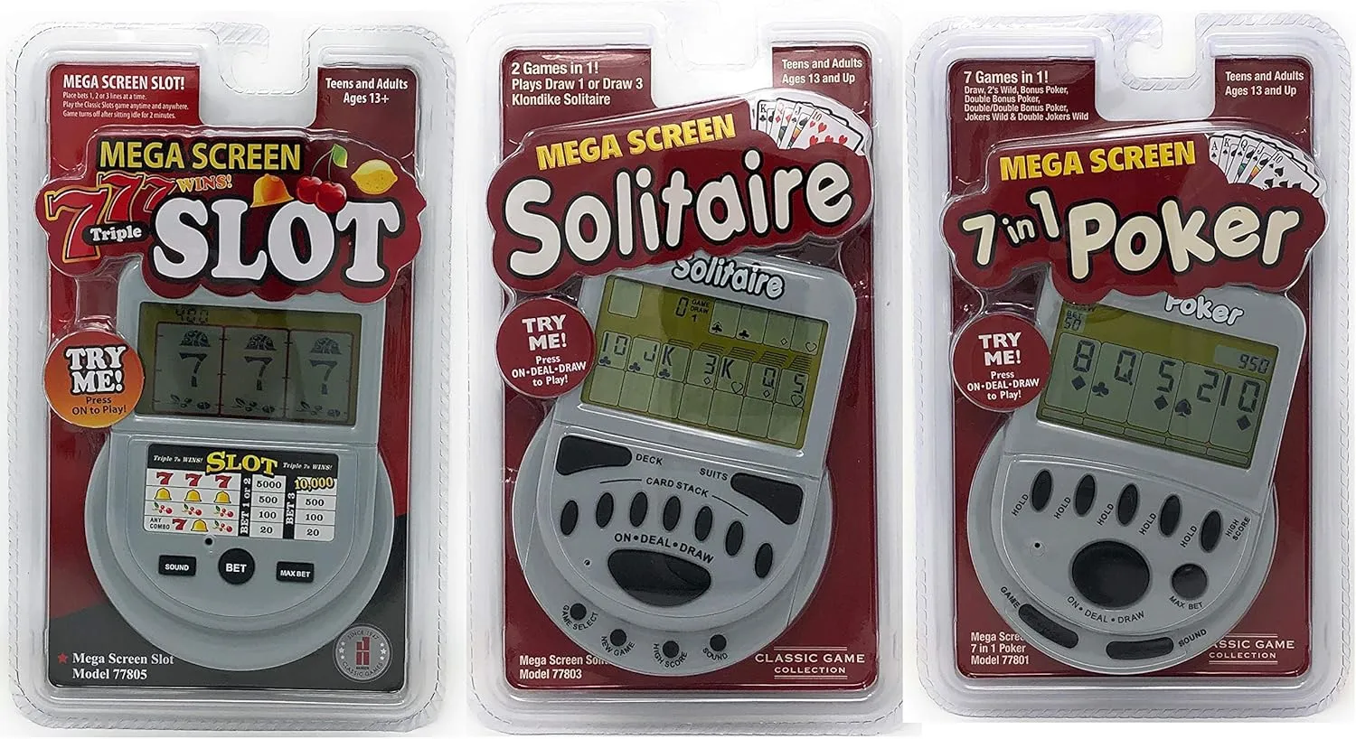 John N. Hansen Mega Screen Handheld Gambling Game Pack Bundle of 3 - Solitaire - Slot Machine - Poker