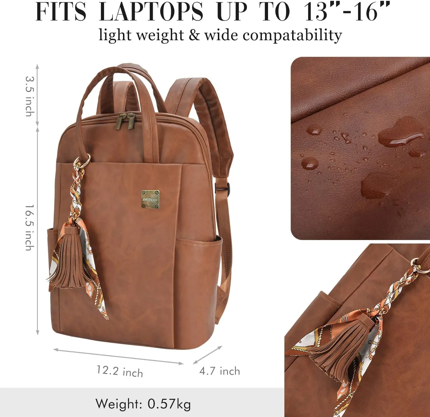 Kamlui Laptop Backpack for Women, Fit up to 15.6-inch Laptops, PU Leather, Brown, Water-resistant Business Travel Bag with Padded Compartment