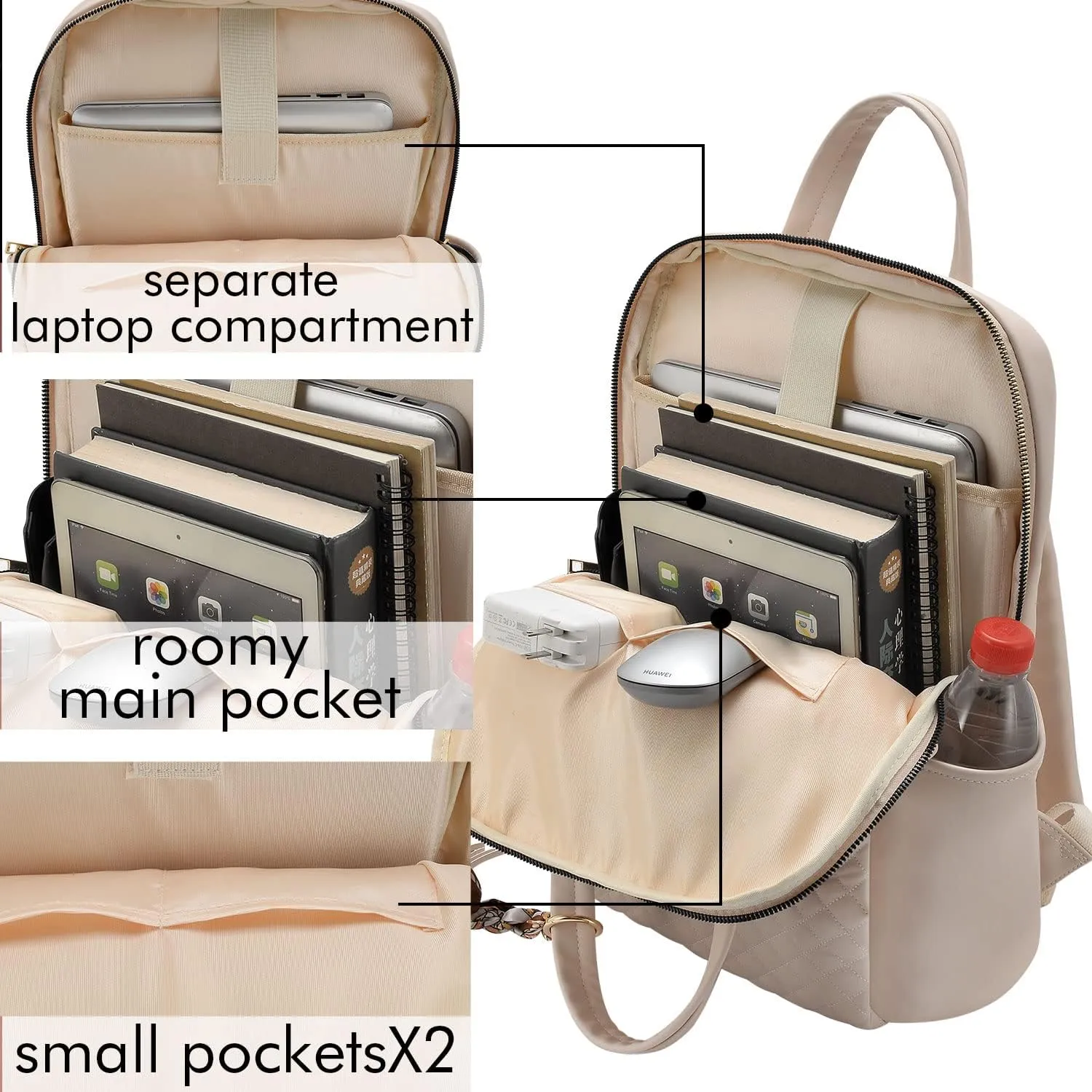 Kamlui Laptop Backpack for Women, Fit up to 15.6-inch Laptops, PU Leather, Brown, Water-resistant Business Travel Bag with Padded Compartment