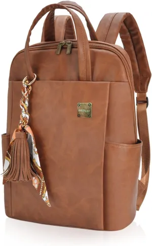 Kamlui Laptop Backpack for Women, Fit up to 15.6-inch Laptops, PU Leather, Brown, Water-resistant Business Travel Bag with Padded Compartment