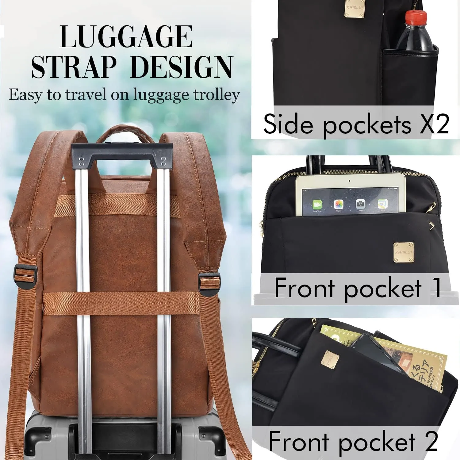 Kamlui Laptop Backpack for Women, Fit up to 15.6-inch Laptops, PU Leather, Brown, Water-resistant Business Travel Bag with Padded Compartment