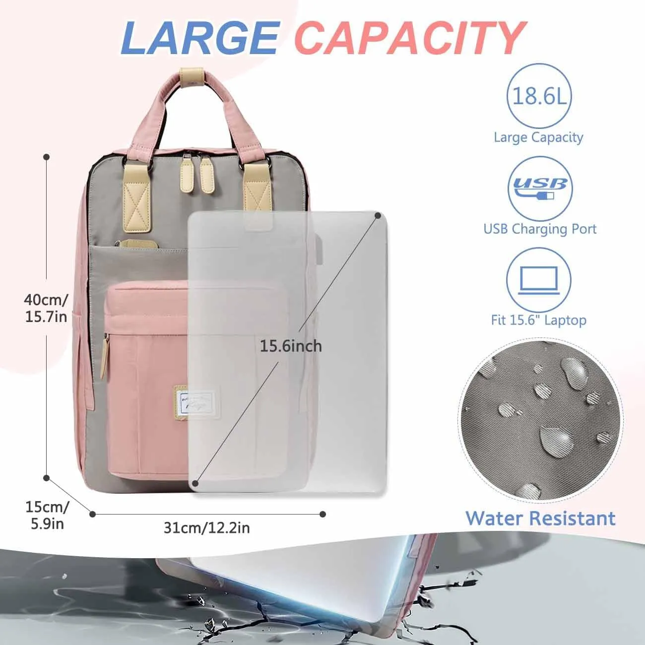 Kasqo Backpack for Women Men, 15.6" Classic Laptop Bookbag with USB Charging Port for College Travel Work
