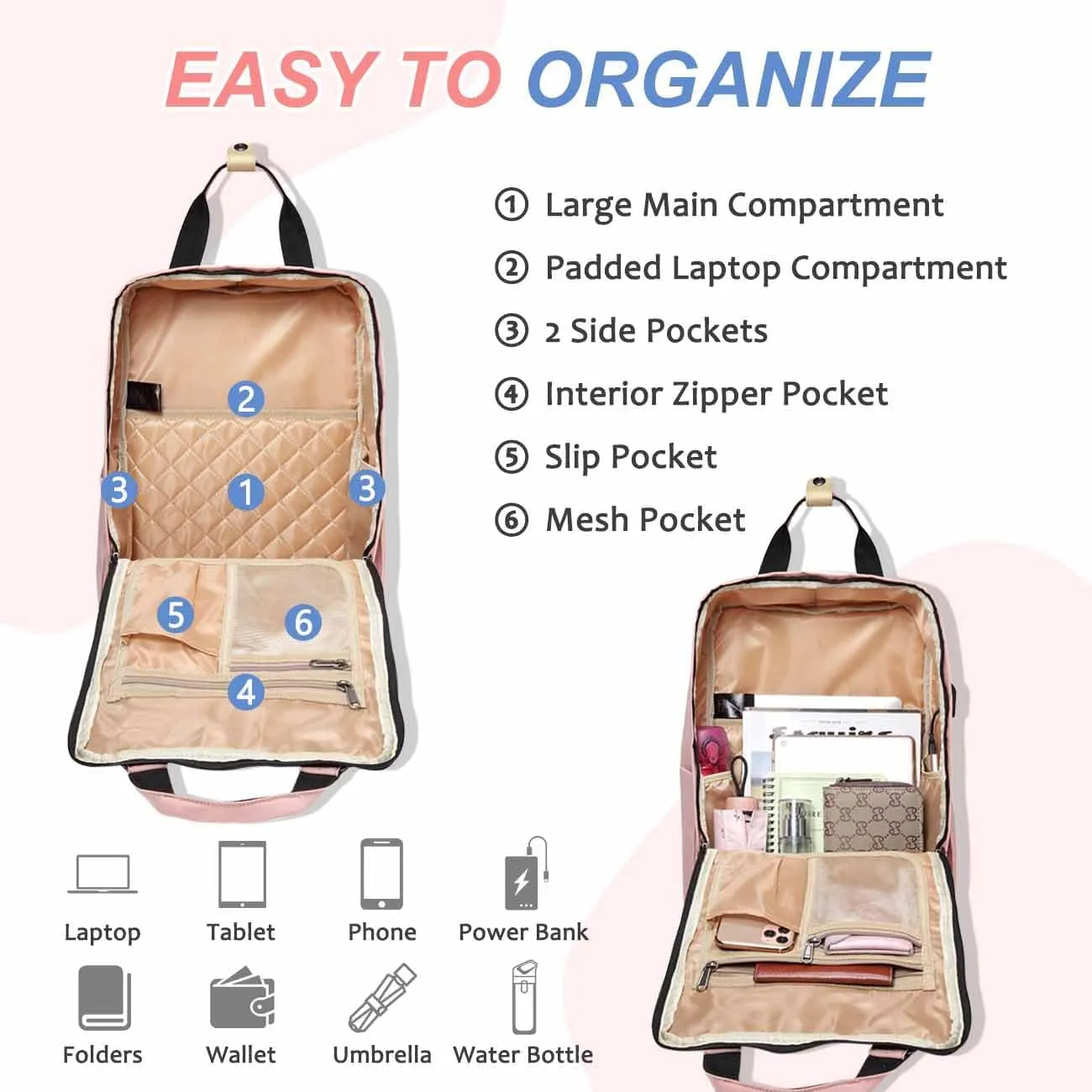 Kasqo Backpack for Women Men, 15.6" Classic Laptop Bookbag with USB Charging Port for College Travel Work
