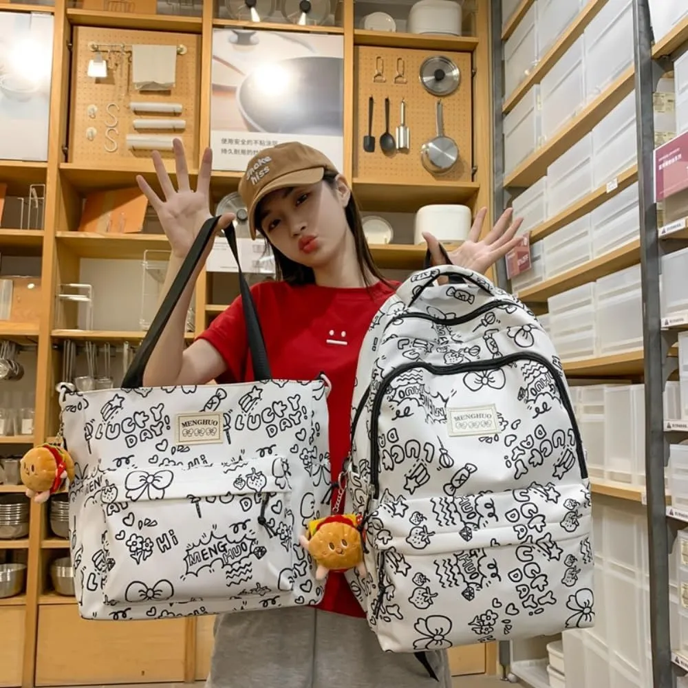 Kawaii Backpack with Cute Accessories, Tote Bag Cartoon Graphic Laptop Backpack, Large Capacity Casual Travel Daypack (Graffiti Tote Bag)