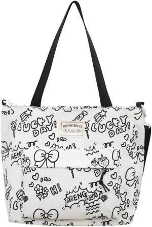 Kawaii Backpack with Cute Accessories, Tote Bag Cartoon Graphic Laptop Backpack, Large Capacity Casual Travel Daypack (Graffiti Tote Bag)