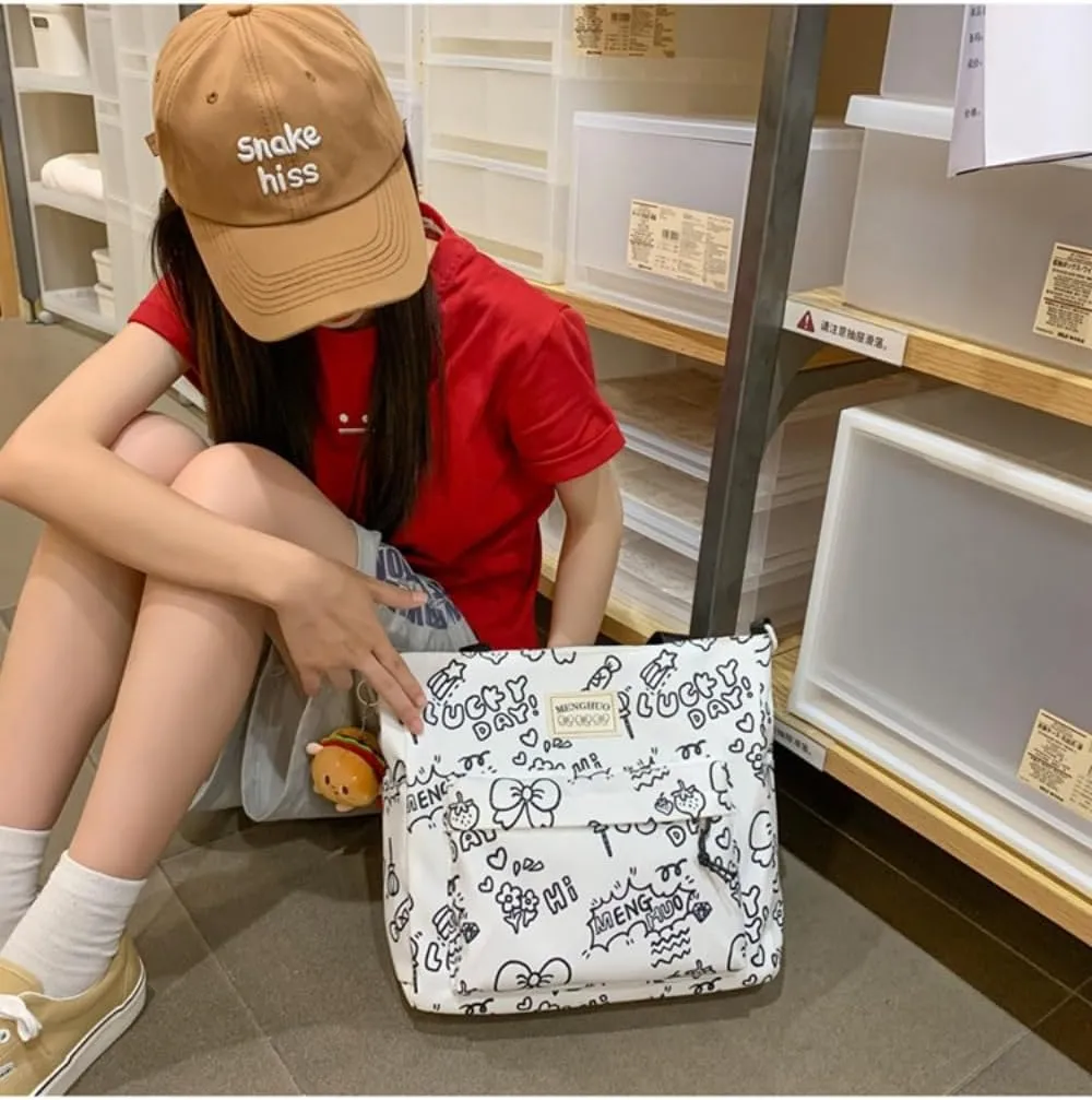 Kawaii Backpack with Cute Accessories, Tote Bag Cartoon Graphic Laptop Backpack, Large Capacity Casual Travel Daypack (Graffiti Tote Bag)
