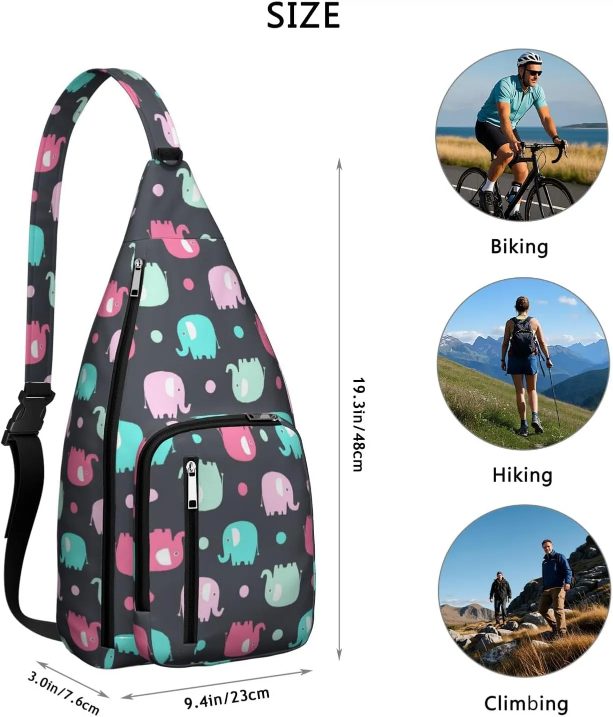 Kawaii Elephant Crossbody Bag Daypack for Women Men Lightweight Waterproof Sling Bag Backpack Hiking Cycling
