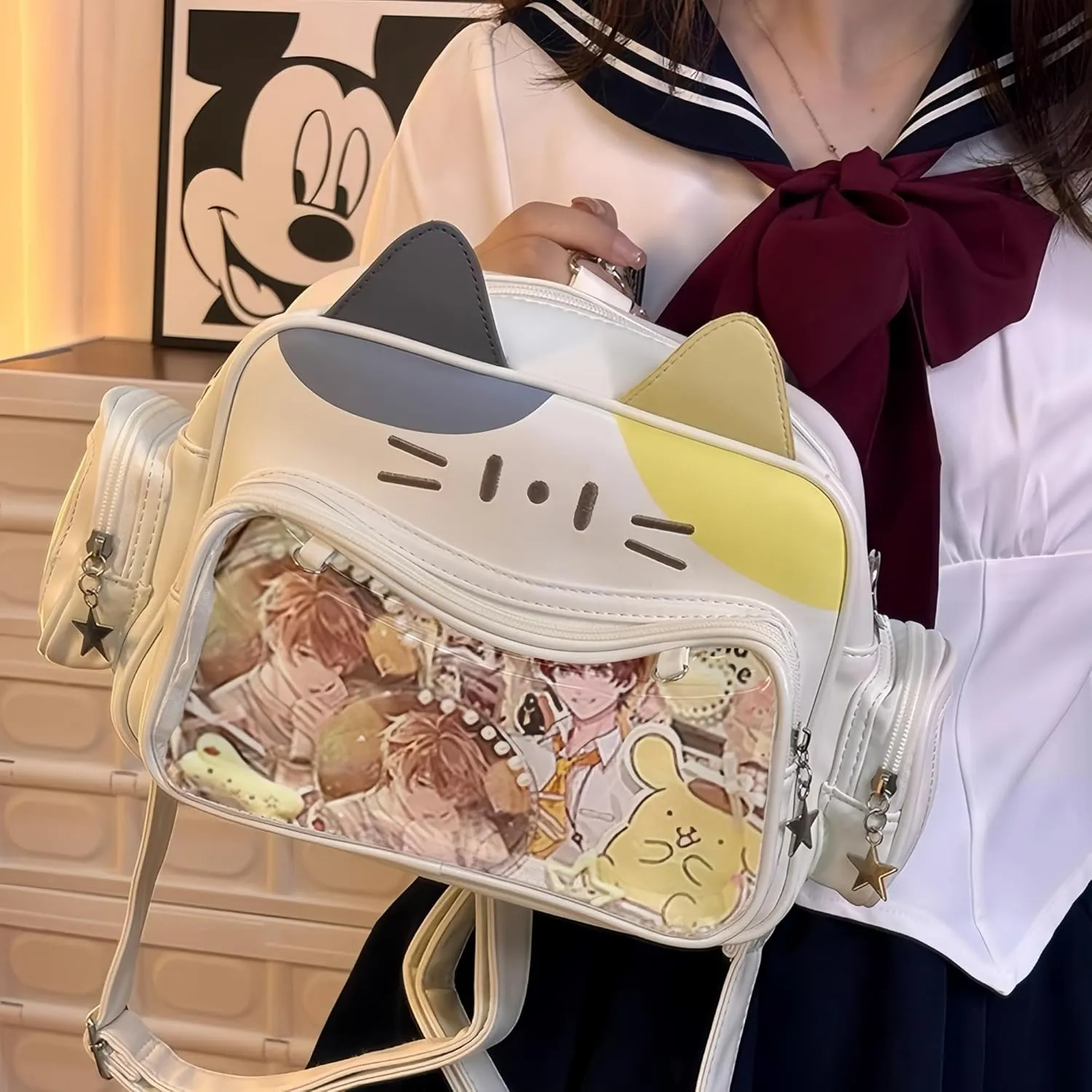 Kawaii Ita Bag Backpack with Insert Cute Cat Crossbody Shoulder Bag Big Capacity Japanese Pin Display Bag (Tricolor)