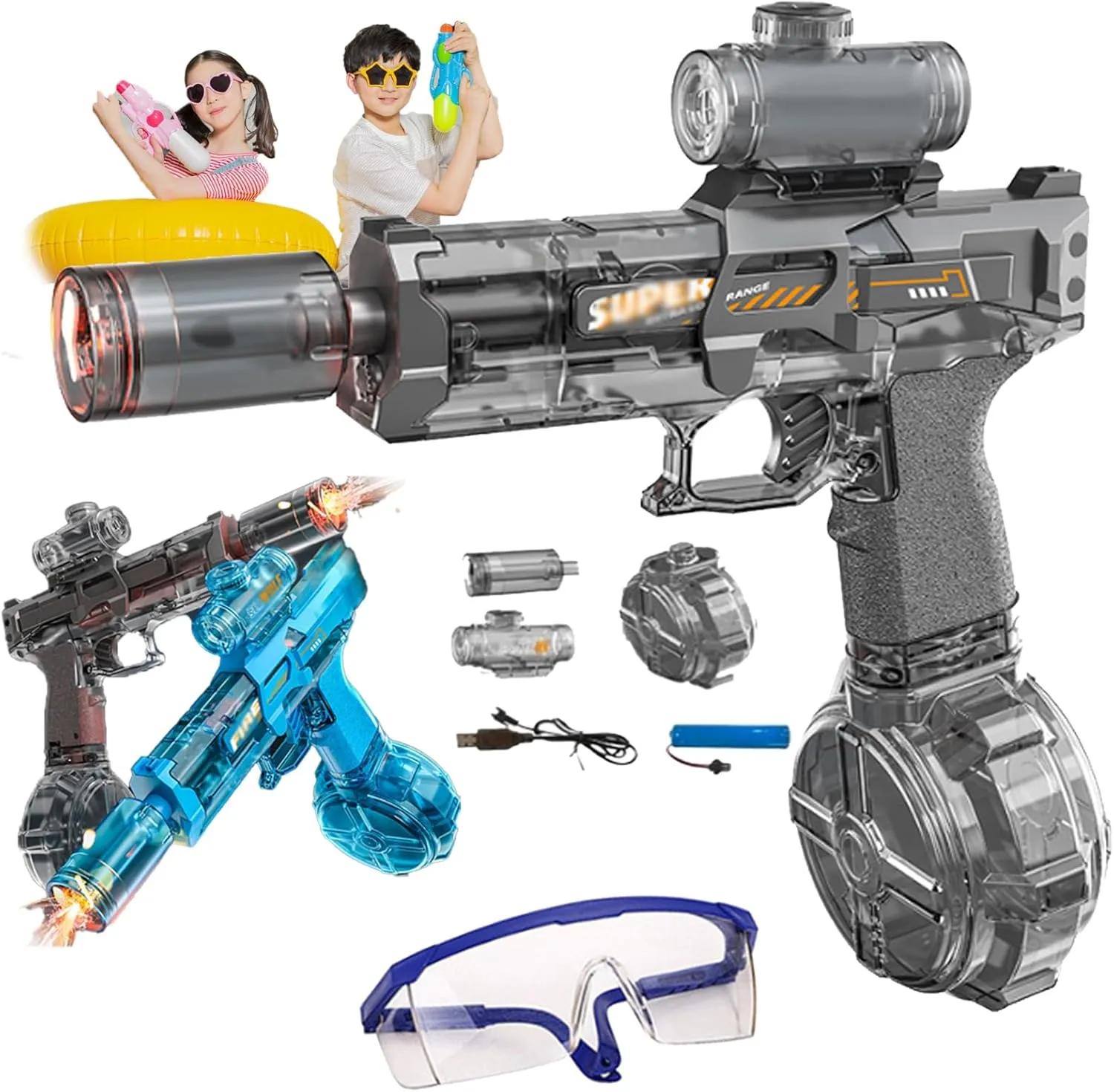 Kiddomind Water Gun, LED Electric Water Gun, Blazerat Water Blaster, Large Capacity Full Automatic High Powered Pressure Blaster Watergun, 28-32 Ft Range, Summer Swimming Pool Party Toy (Gray)