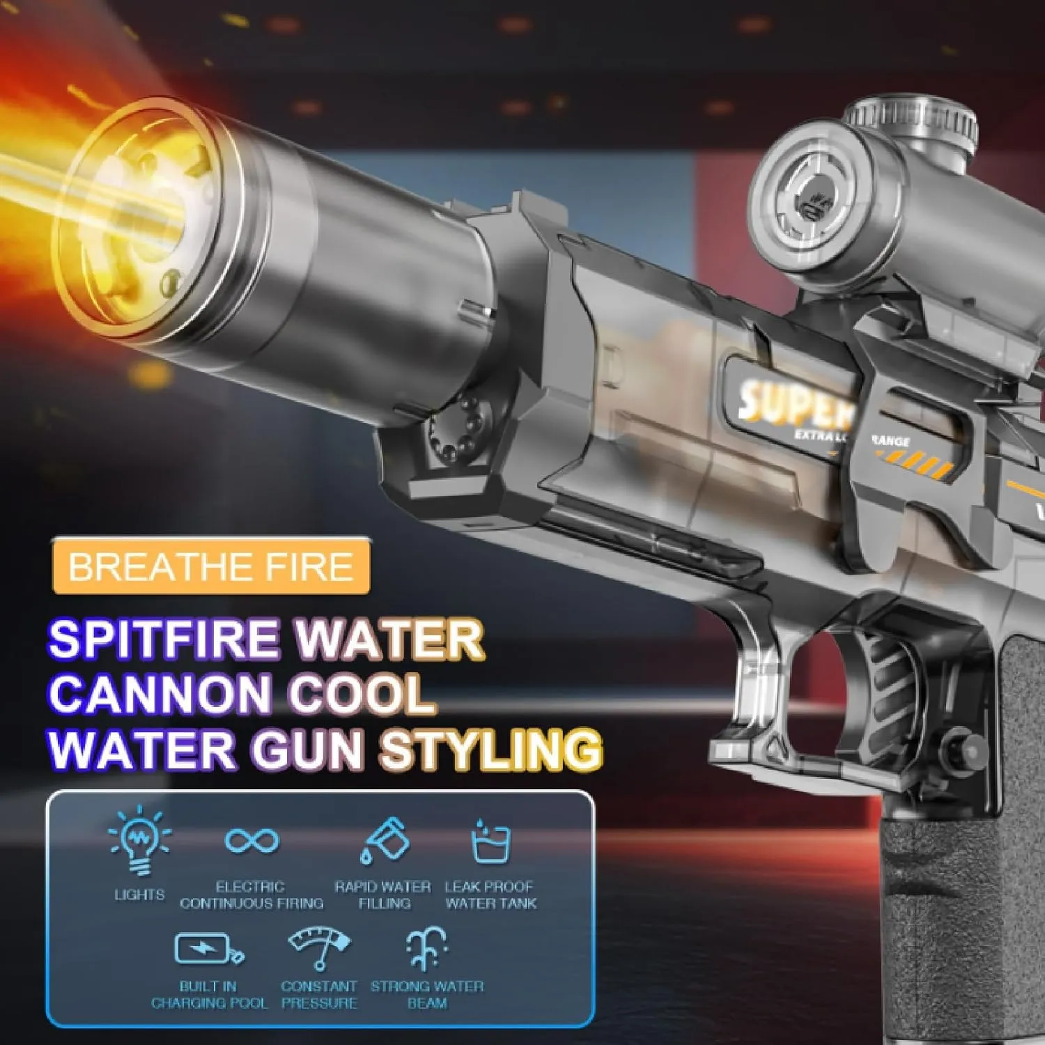 Kiddomind Water Gun, LED Electric Water Gun, Blazerat Water Blaster, Large Capacity Full Automatic High Powered Pressure Blaster Watergun, 28-32 Ft Range, Summer Swimming Pool Party Toy (Gray)