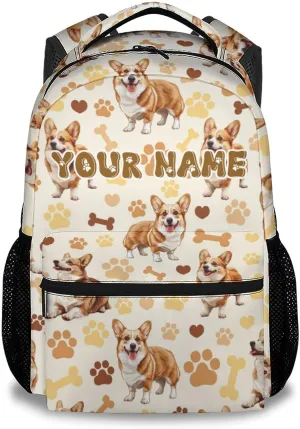 Kids Backpack for Boys, 17 Inch Custom Dog Backpacks for Girl, Personalization Cute Corgi Bookbag for School Travel