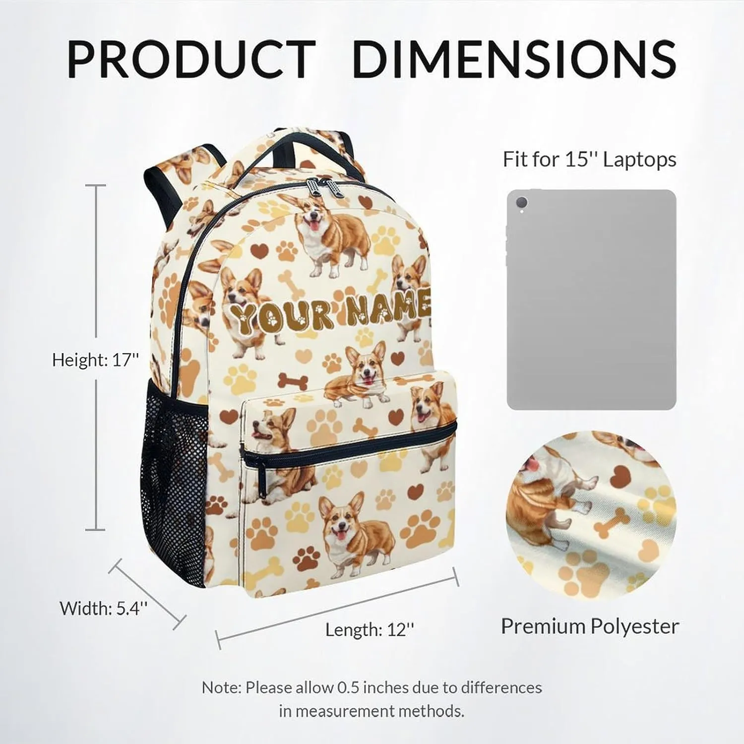 Kids Backpack for Boys, 17 Inch Custom Dog Backpacks for Girl, Personalization Cute Corgi Bookbag for School Travel