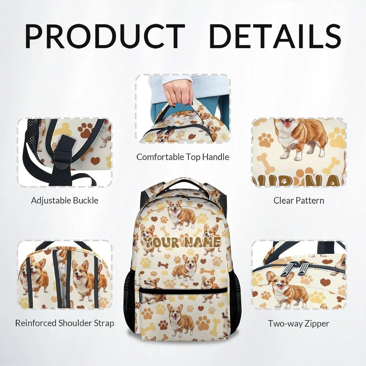 Kids Backpack for Boys, 17 Inch Custom Dog Backpacks for Girl, Personalization Cute Corgi Bookbag for School Travel