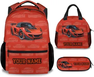 Kids Backpack with Lunch Box, 3 in 1 Custom Cute Car Bookbag for Elementary Middle, 17 Inch Racing Car School Bag Set for School Travel