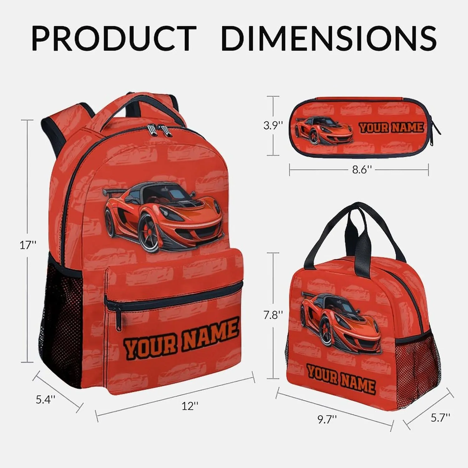 Kids Backpack with Lunch Box, 3 in 1 Custom Cute Car Bookbag for Elementary Middle, 17 Inch Racing Car School Bag Set for School Travel