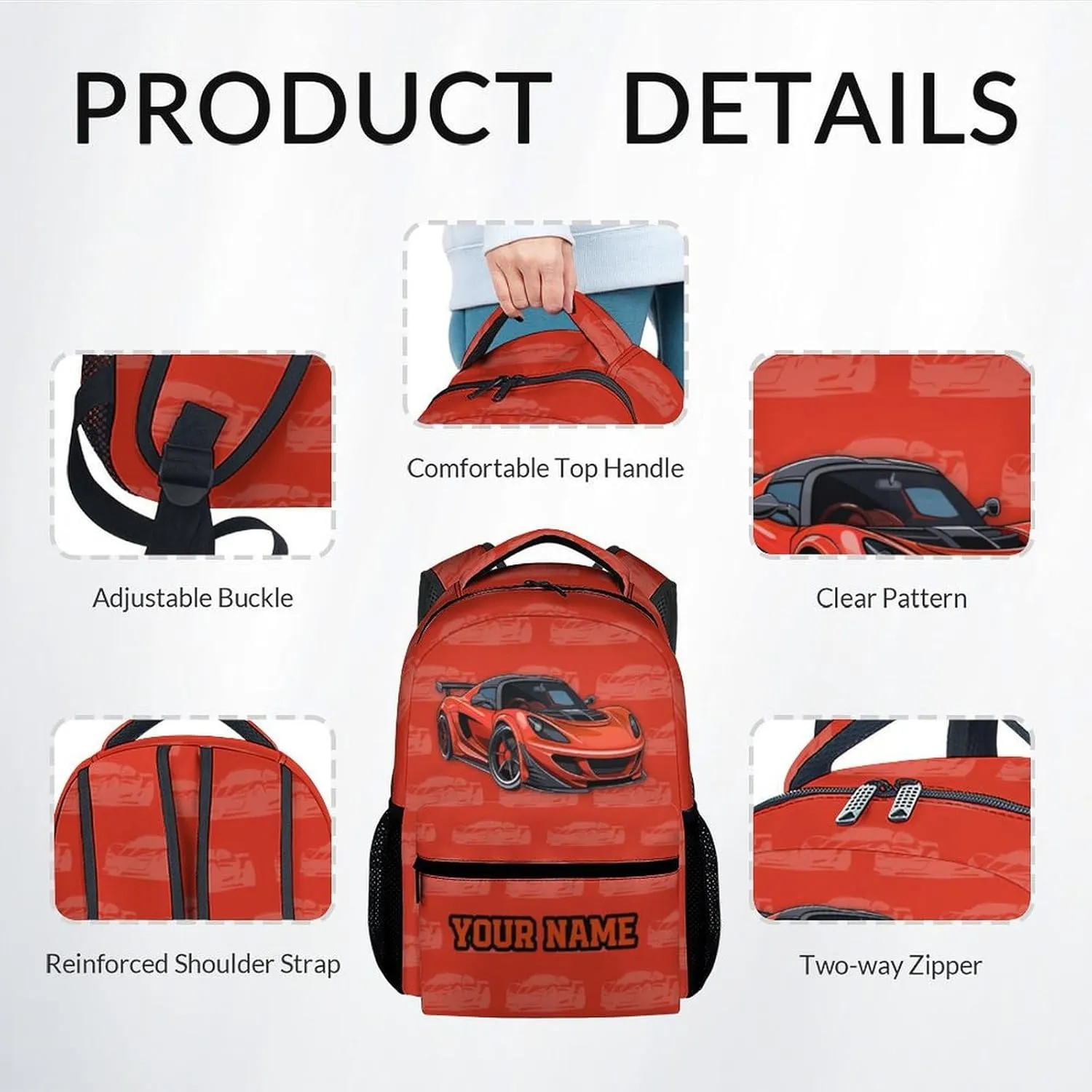 Kids Backpack with Lunch Box, 3 in 1 Custom Cute Car Bookbag for Elementary Middle, 17 Inch Racing Car School Bag Set for School Travel