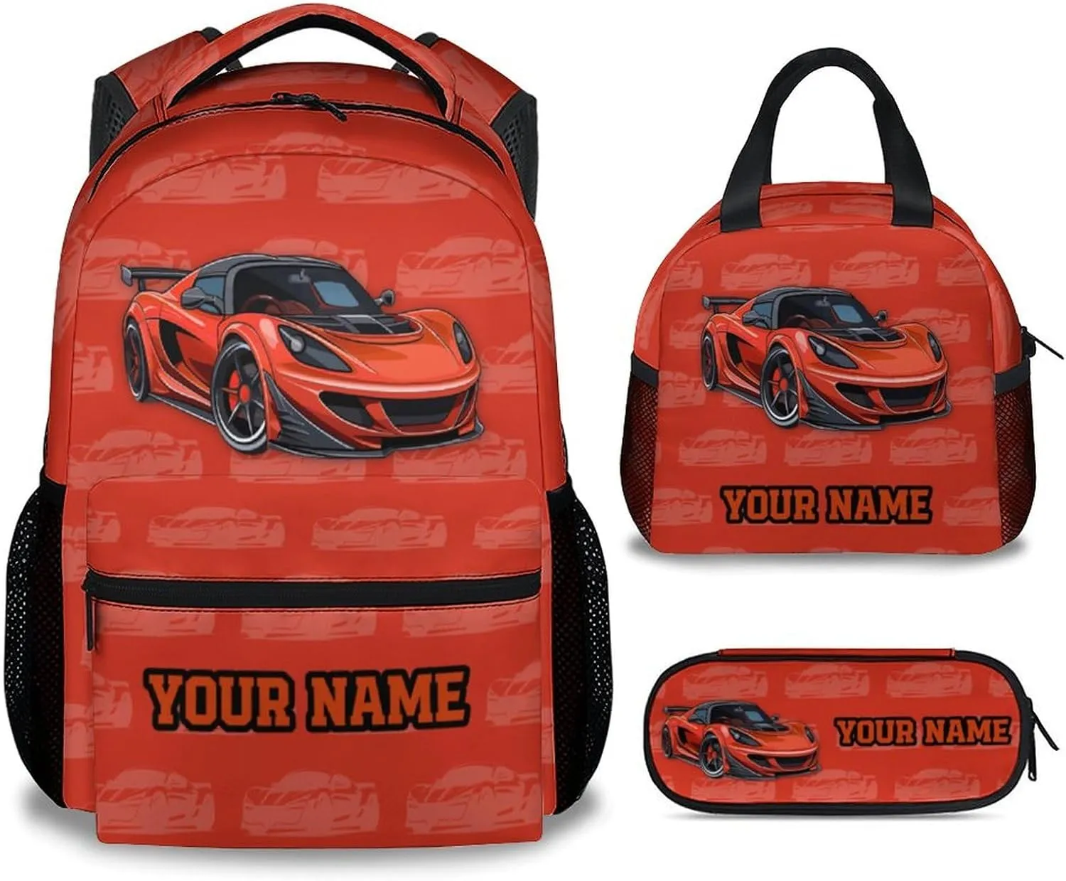 Kids Backpack with Lunch Box, 3 in 1 Custom Cute Car Bookbag for Elementary Middle, 17 Inch Racing Car School Bag Set for School Travel