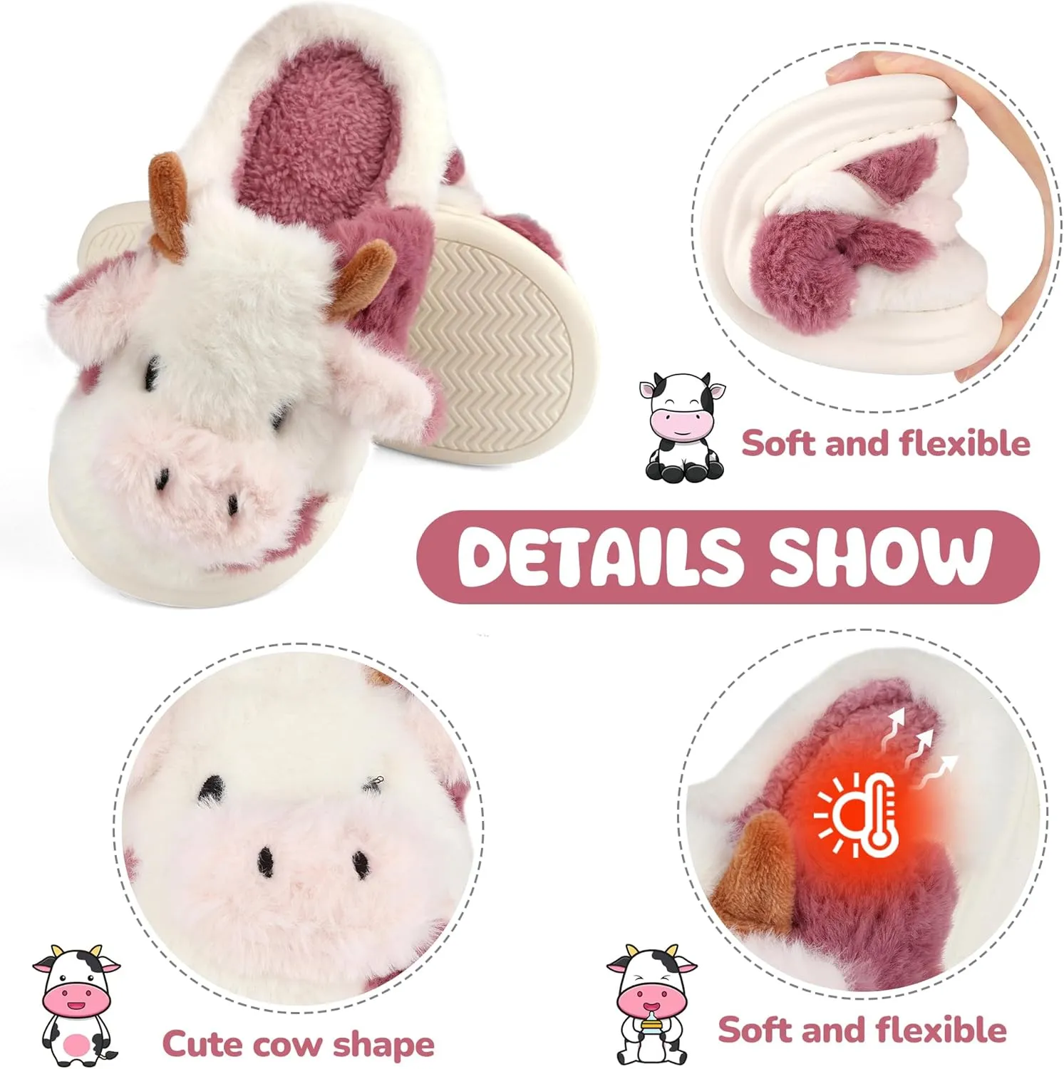 Kids Cow Slippers - Toddler Boys & Girls Soft Plush Animal Slippers - Winter Comfy Warm Fuzzy Memory Foam Non-slip Indoor/Outdoor Shoes