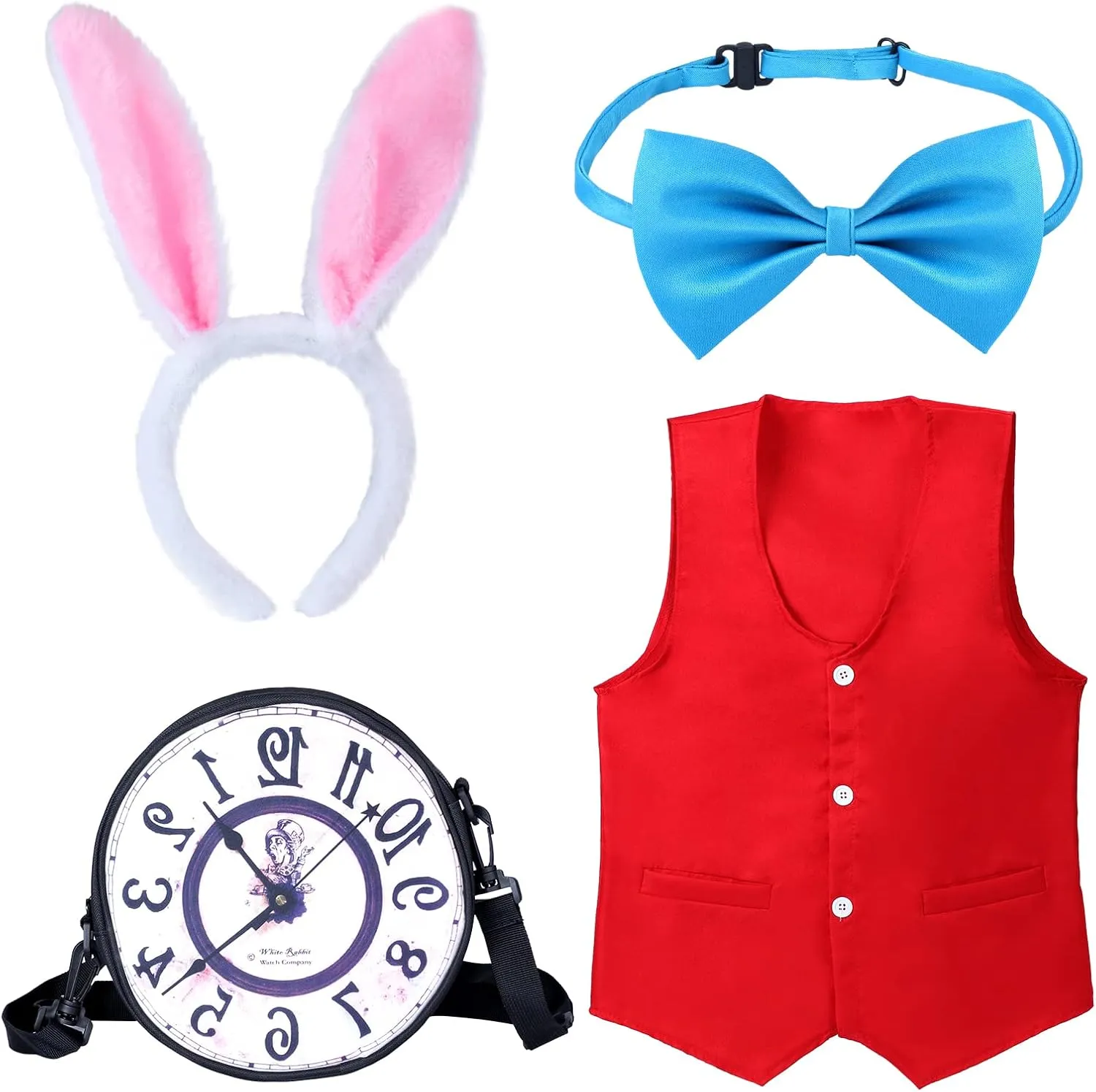 Kids Easter White Rabbit Costume Accessory Kit 4 Pcs Bunny Ear Headband Vest Bowtie Clock Props For Easter Halloween