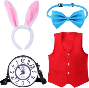Kids Easter White Rabbit Costume Accessory Kit 4 Pcs Bunny Ear Headband Vest Bowtie Clock Props For Easter Halloween