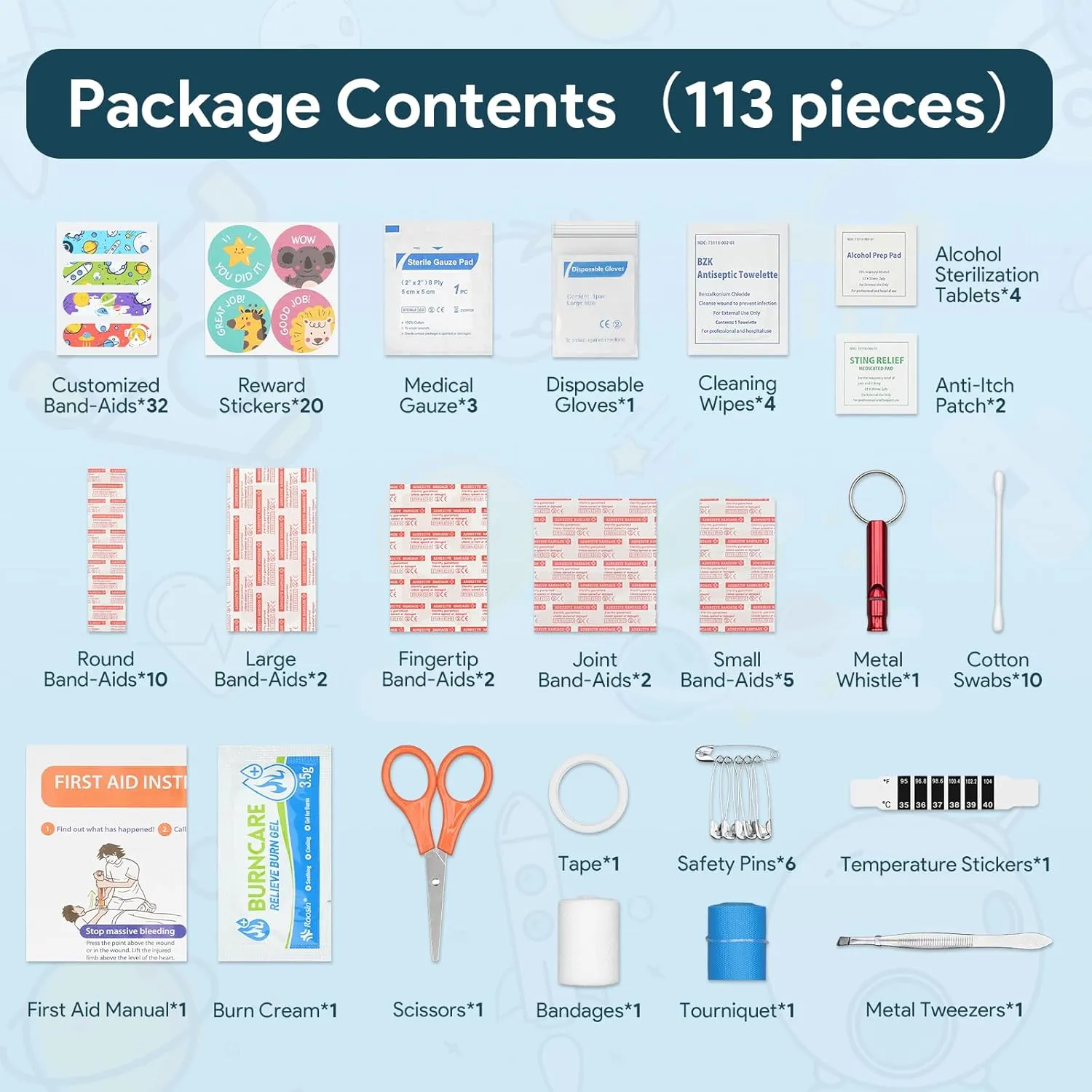 Kids First Aid Kit - 113 Pc. Mini Toddler Kit for Car, Home, Purse & Diaper Bag - Customized Bandaids, Bandages - TSA-Approved Travel Size