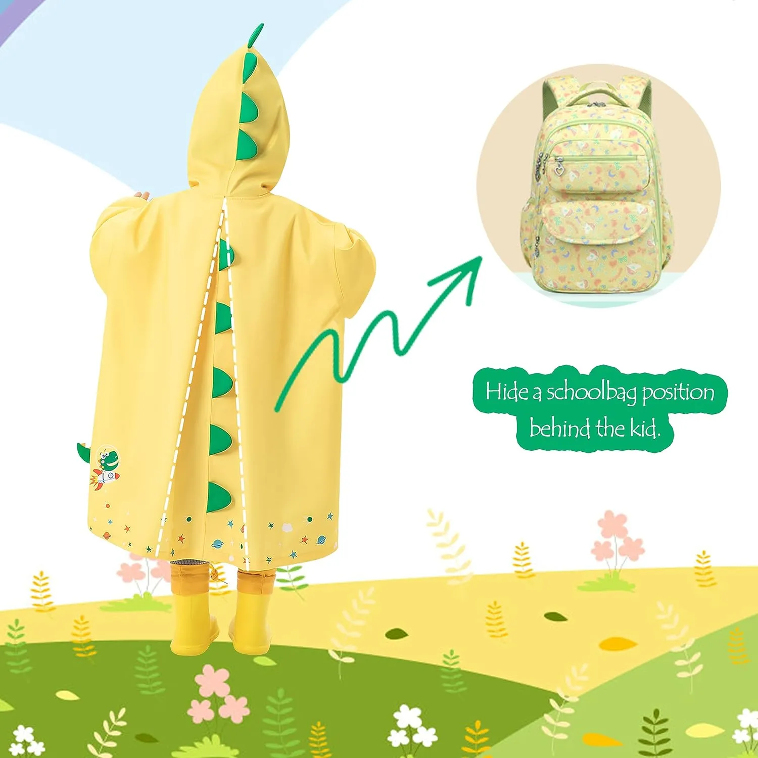 Kids Raincoat for Boys Girls Rain Poncho with Hood, Waterproof Reusable EVA Rainwear Toddler Cartoon 2-12 Years