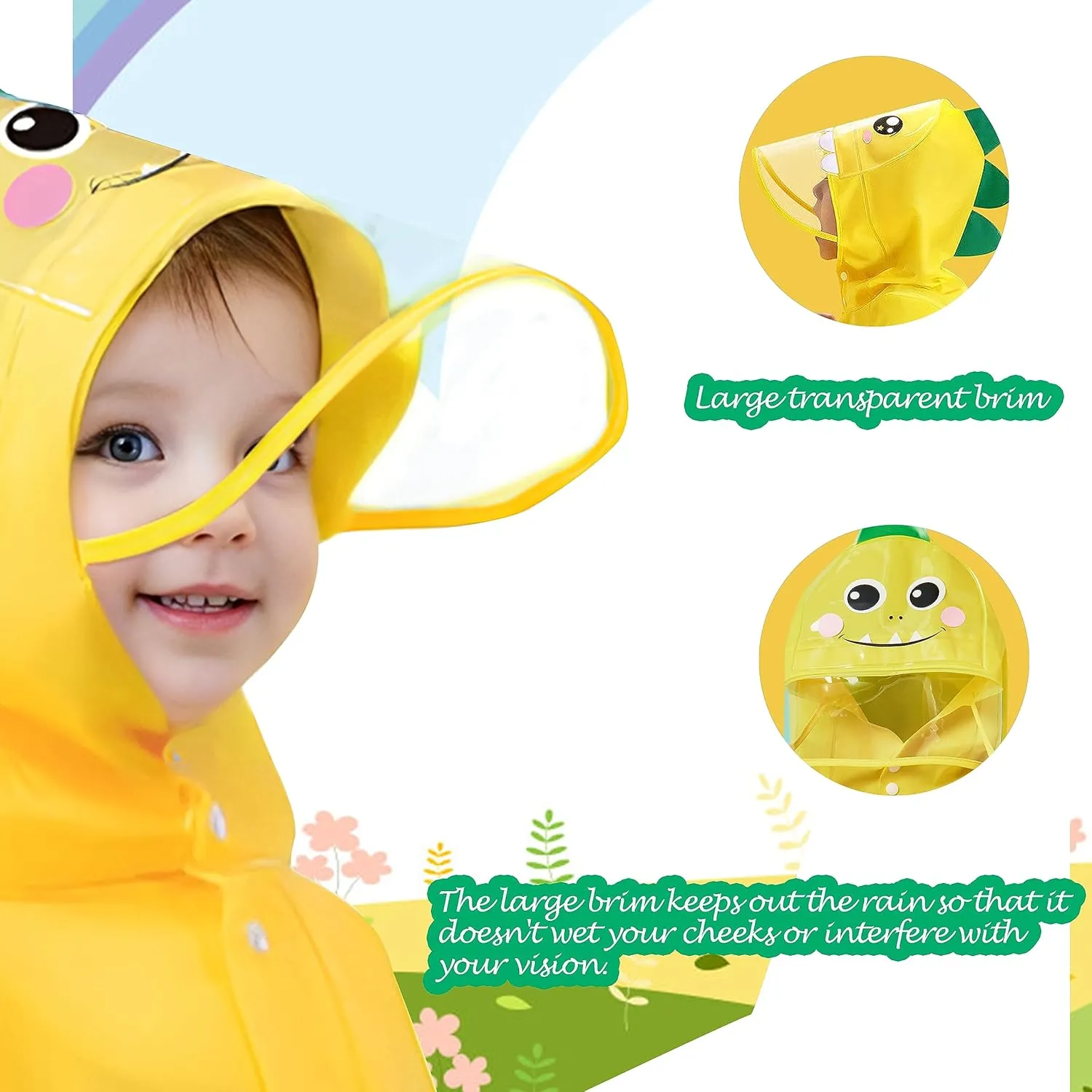 Kids Raincoat for Boys Girls Rain Poncho with Hood, Waterproof Reusable EVA Rainwear Toddler Cartoon 2-12 Years