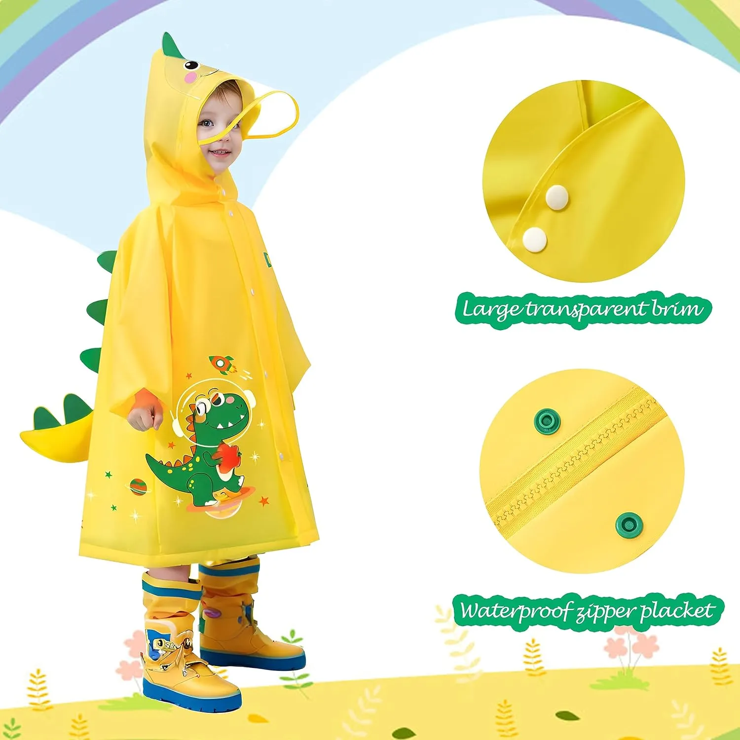 Kids Raincoat for Boys Girls Rain Poncho with Hood, Waterproof Reusable EVA Rainwear Toddler Cartoon 2-12 Years