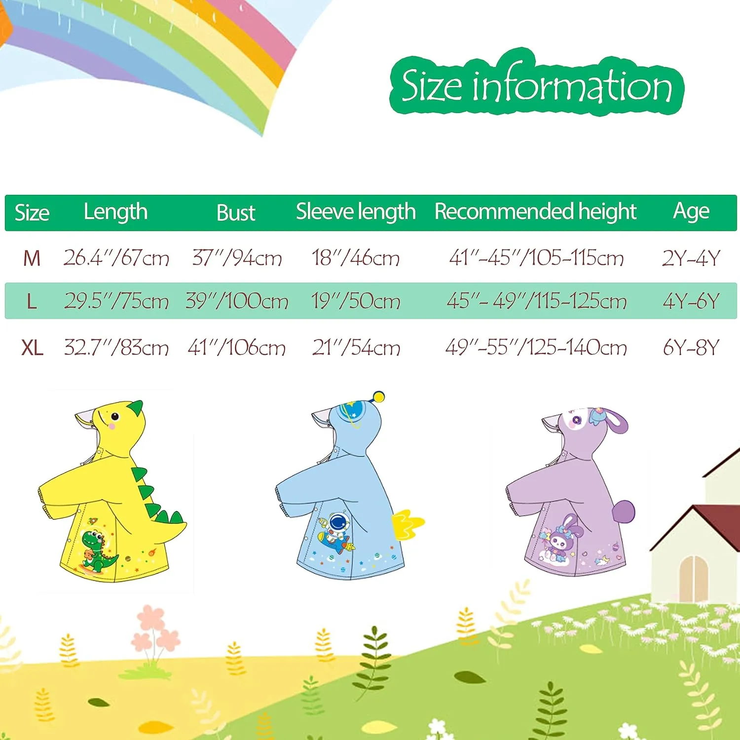 Kids Raincoat for Boys Girls Rain Poncho with Hood, Waterproof Reusable EVA Rainwear Toddler Cartoon 2-12 Years
