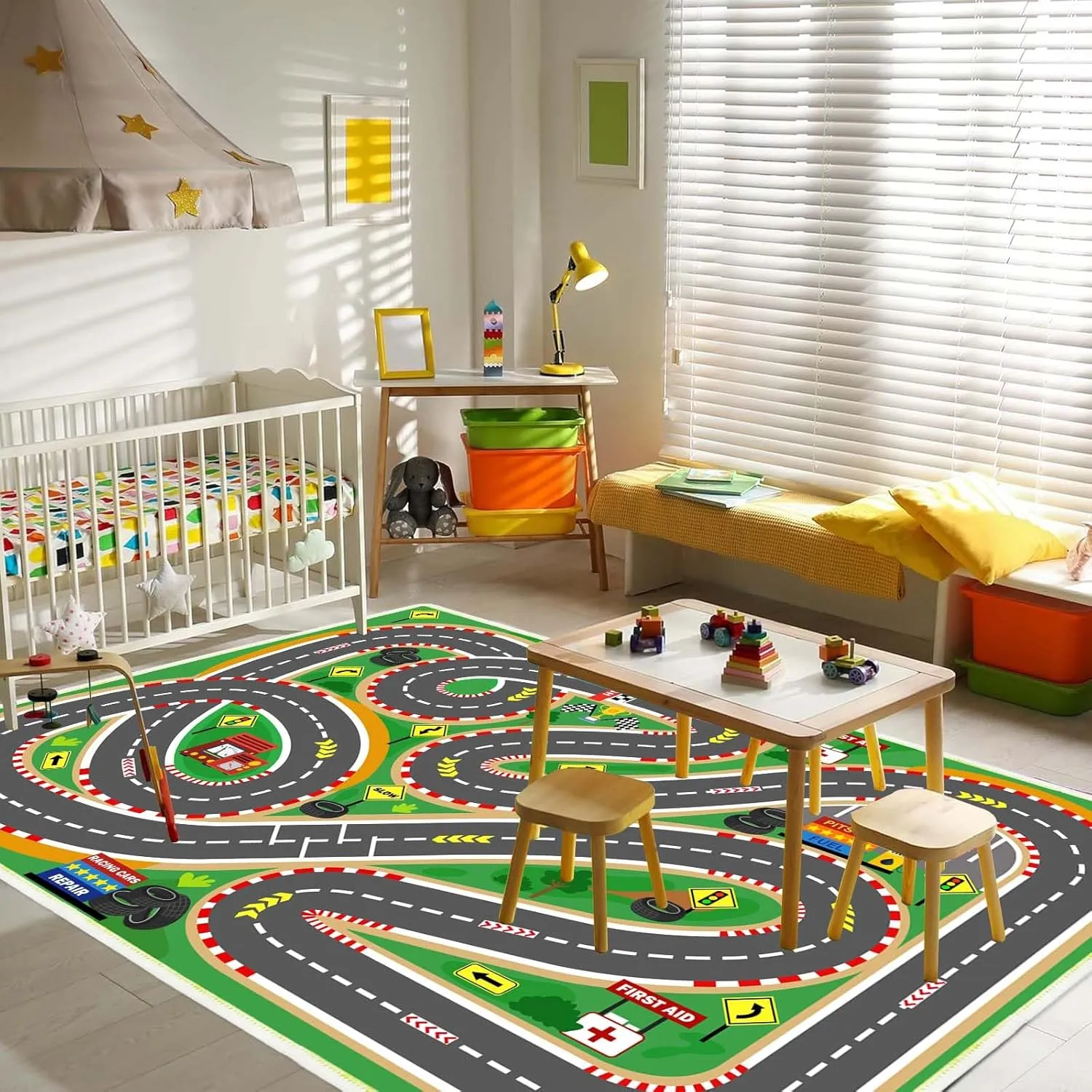 Kids Rug Race Track Play mat Playroom Rug Car Rugs for Kids Toy Cars Road Rug for Kids Classroom Rug (Race-Green, 2.6x3.9ft)