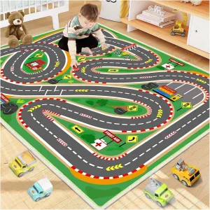 Kids Rug Race Track Play mat Playroom Rug Car Rugs for Kids Toy Cars Road Rug for Kids Classroom Rug (Race-Green, 2.6x3.9ft)