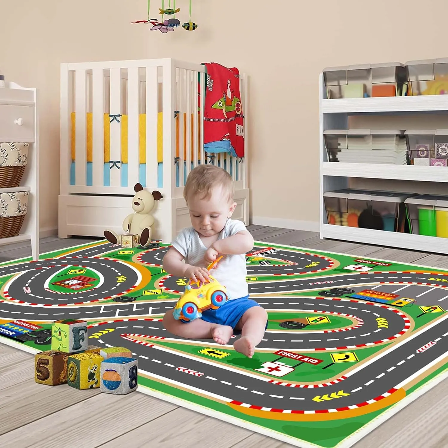 Kids Rug Race Track Play mat Playroom Rug Car Rugs for Kids Toy Cars Road Rug for Kids Classroom Rug (Race-Green, 2.6x3.9ft)