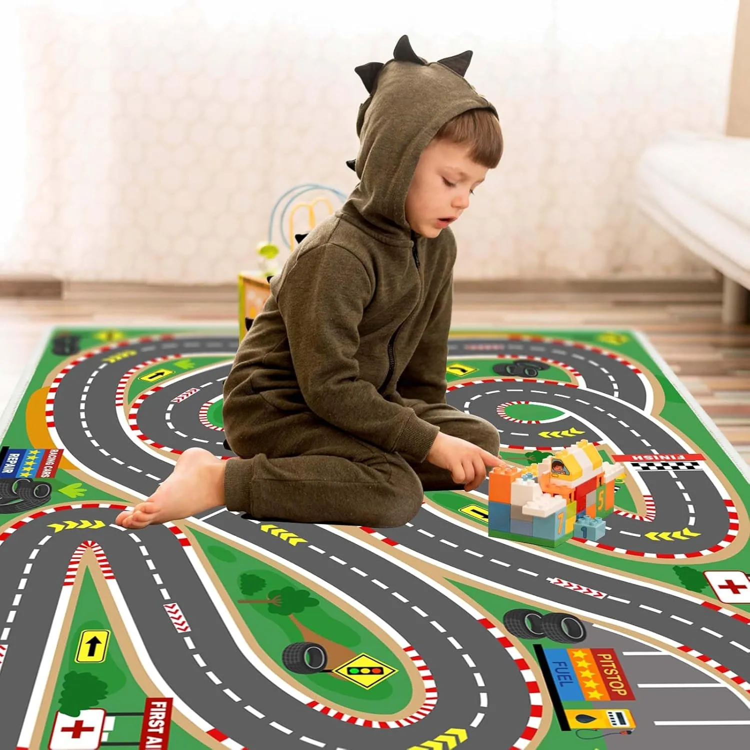 Kids Rug Race Track Play mat Playroom Rug Car Rugs for Kids Toy Cars Road Rug for Kids Classroom Rug (Race-Green, 2.6x3.9ft)