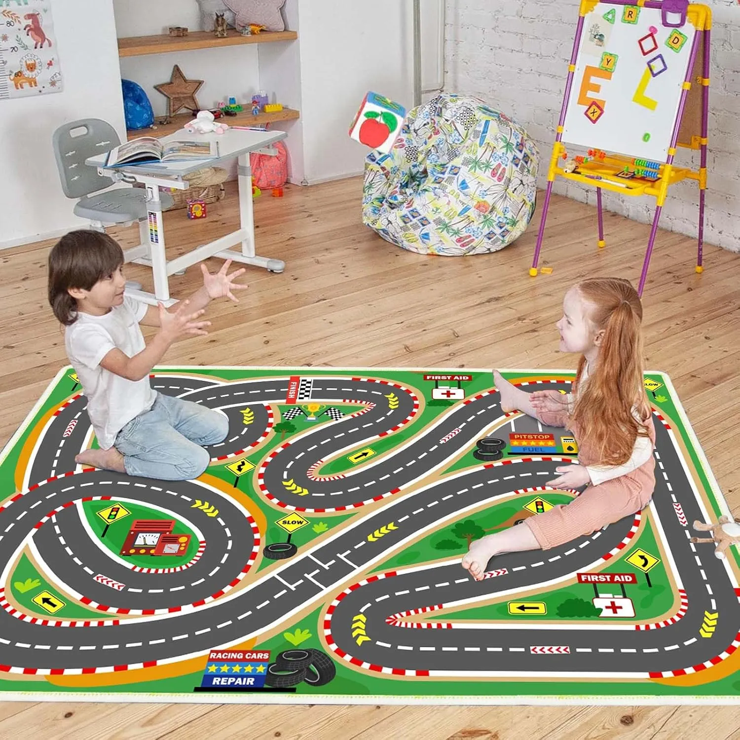 Kids Rug Race Track Play mat Playroom Rug Car Rugs for Kids Toy Cars Road Rug for Kids Classroom Rug (Race-Green, 2.6x3.9ft)