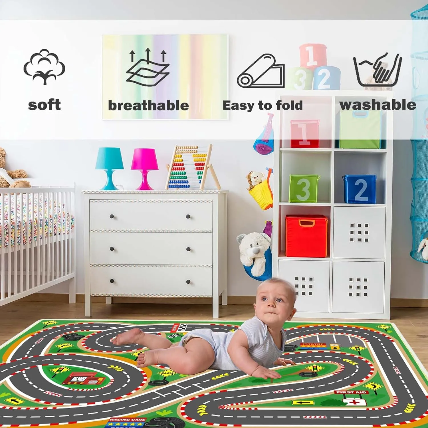 Kids Rug Race Track Play mat Playroom Rug Car Rugs for Kids Toy Cars Road Rug for Kids Classroom Rug (Race-Green, 2.6x3.9ft)