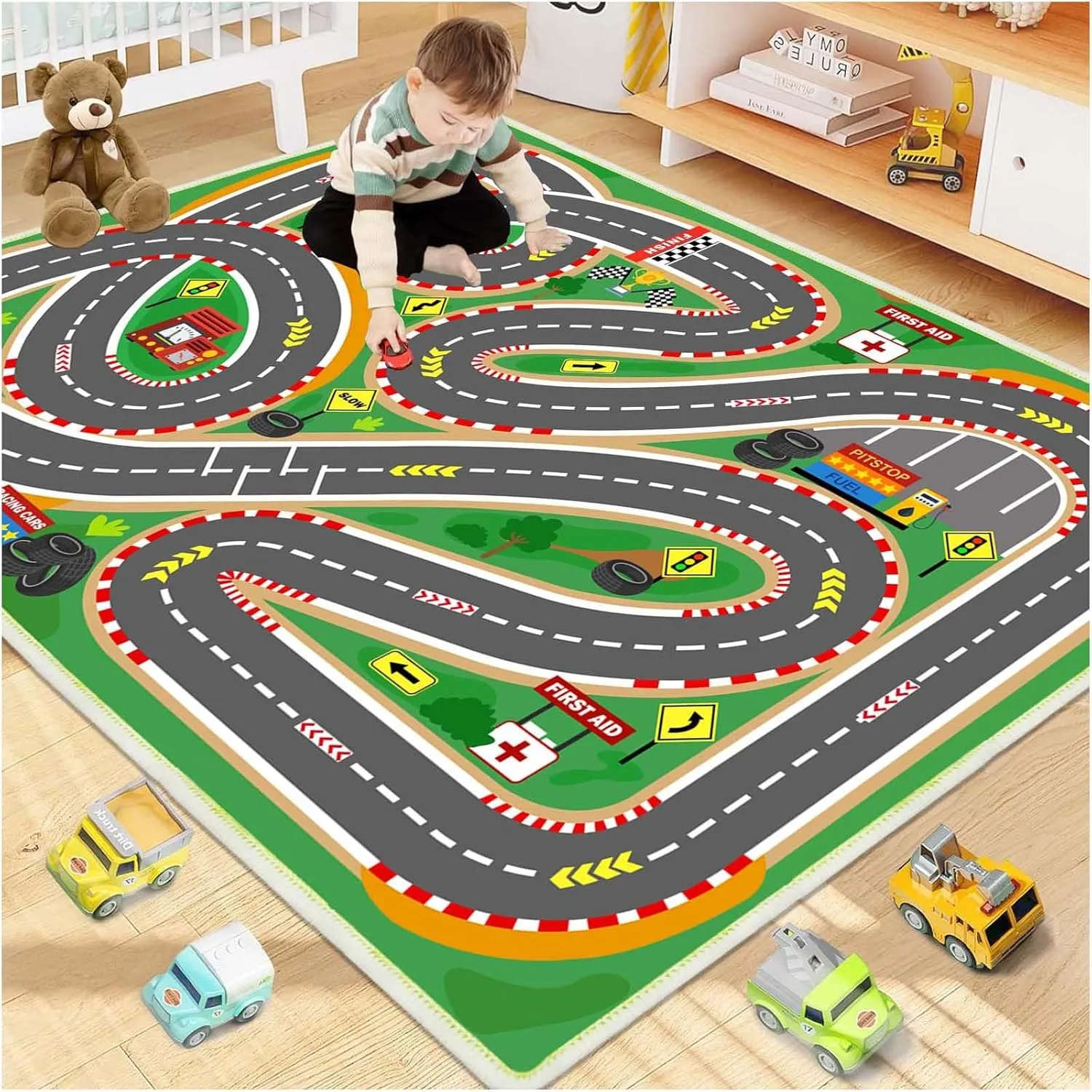 Kids Rug Race Track Play mat Playroom Rug Car Rugs for Kids Toy Cars Road Rug for Kids Classroom Rug (Race-Green, 2.6x3.9ft)
