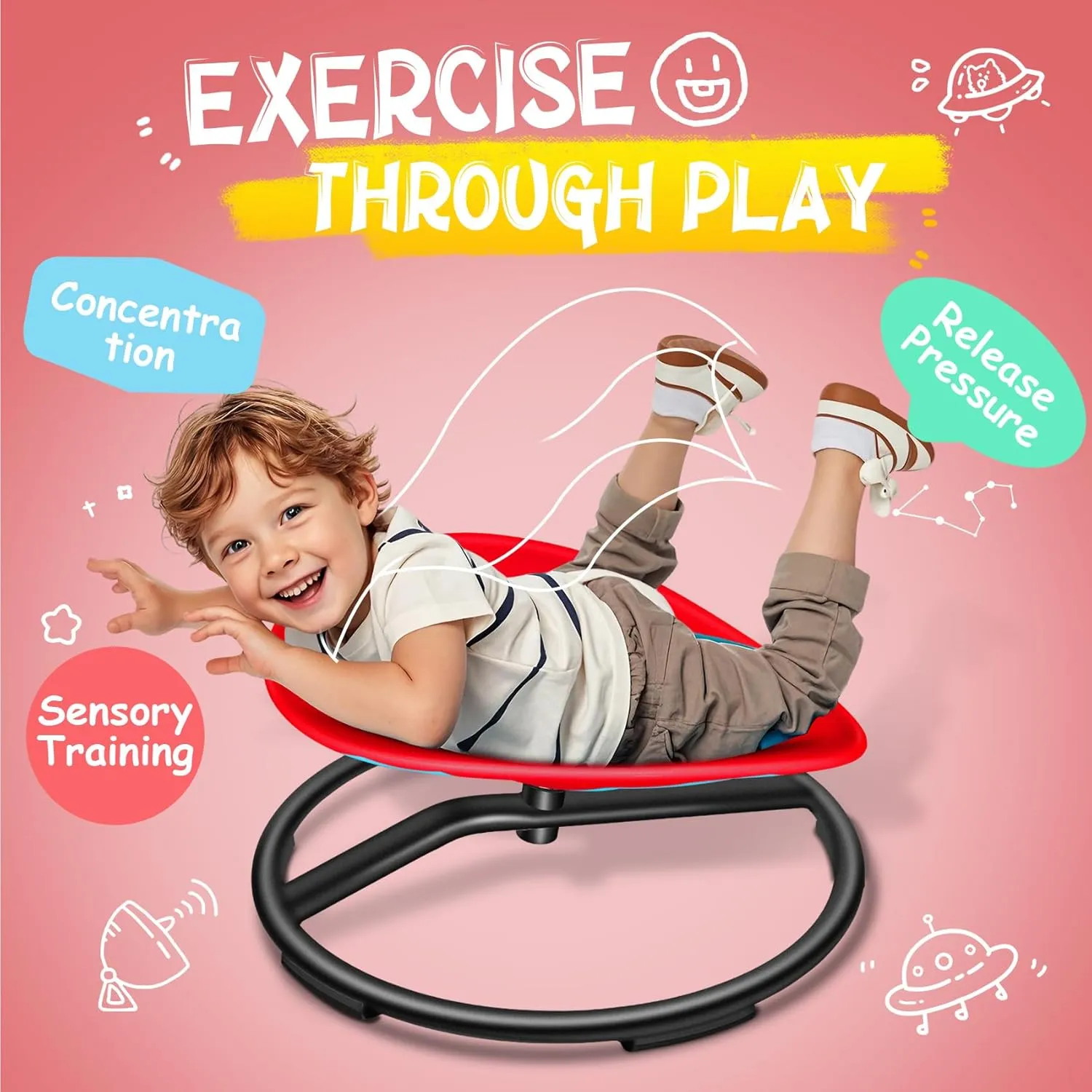Kids Sensory Swivel Chair, Spinning Chair for Autistic Kids, Sensory Toy for ADHD Children, Training Body Coordination, No Assembly Required (Red)