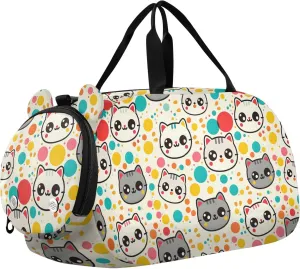 Kids Sport Duffel Bag Colorful Dots and Cartoon Cat Face Unisex Overnight Travel Gym Bag