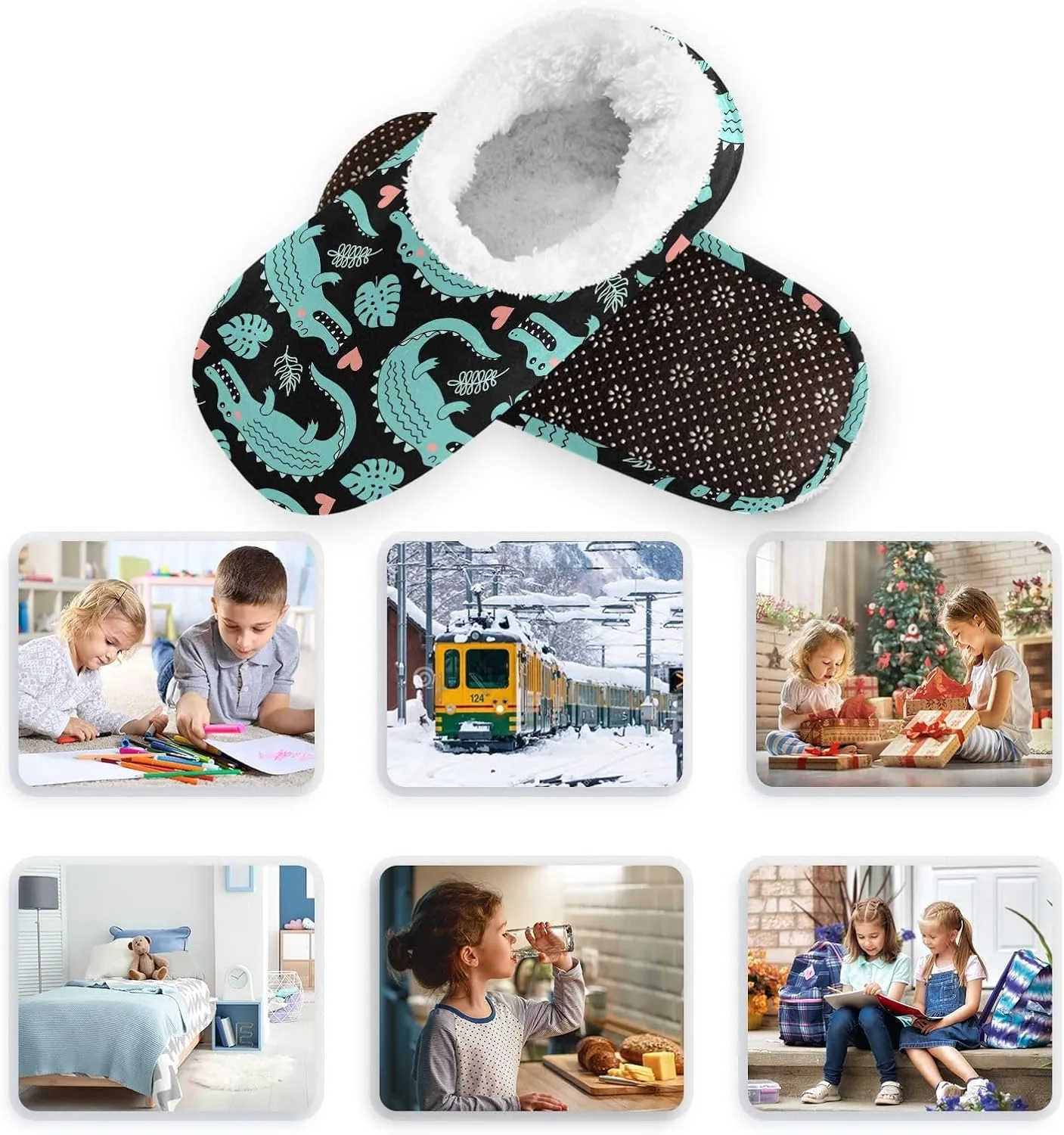 Kids Winter Slippers Cartoon Crocodiles Hearts Animal Warm Soft Non Slip House Slippers for Boys Girls Indoor