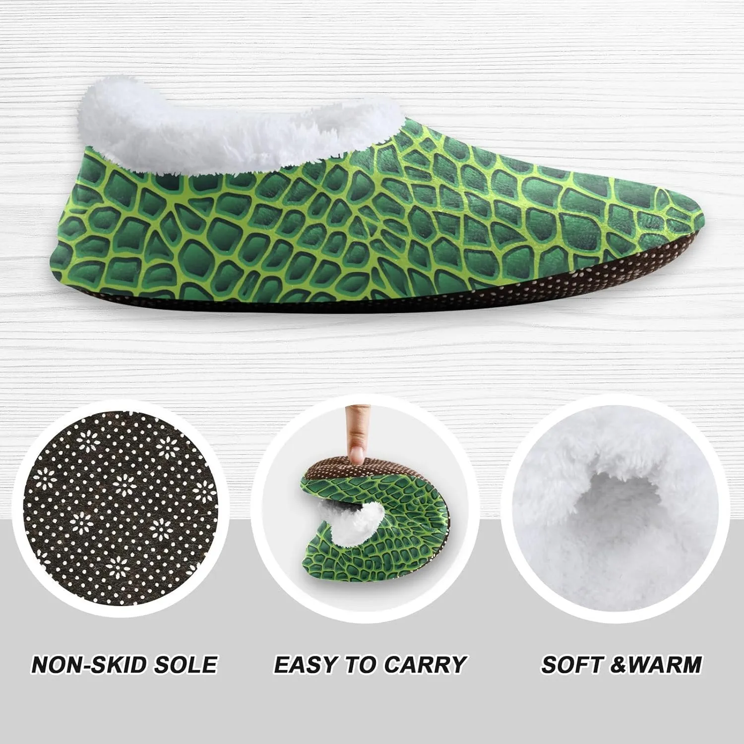 Kids Winter Slippers Crocodile Animal Skin Texture Green Warm Soft Non Slip House Slippers for Boys Girls Indoor