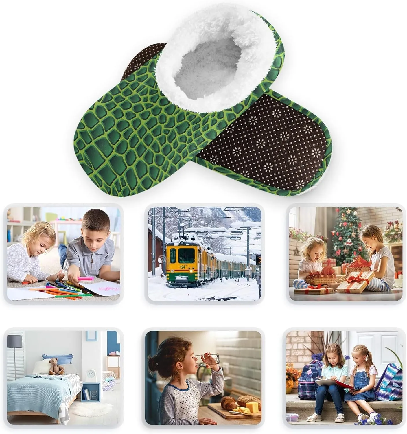 Kids Winter Slippers Crocodile Animal Skin Texture Green Warm Soft Non Slip House Slippers for Boys Girls Indoor