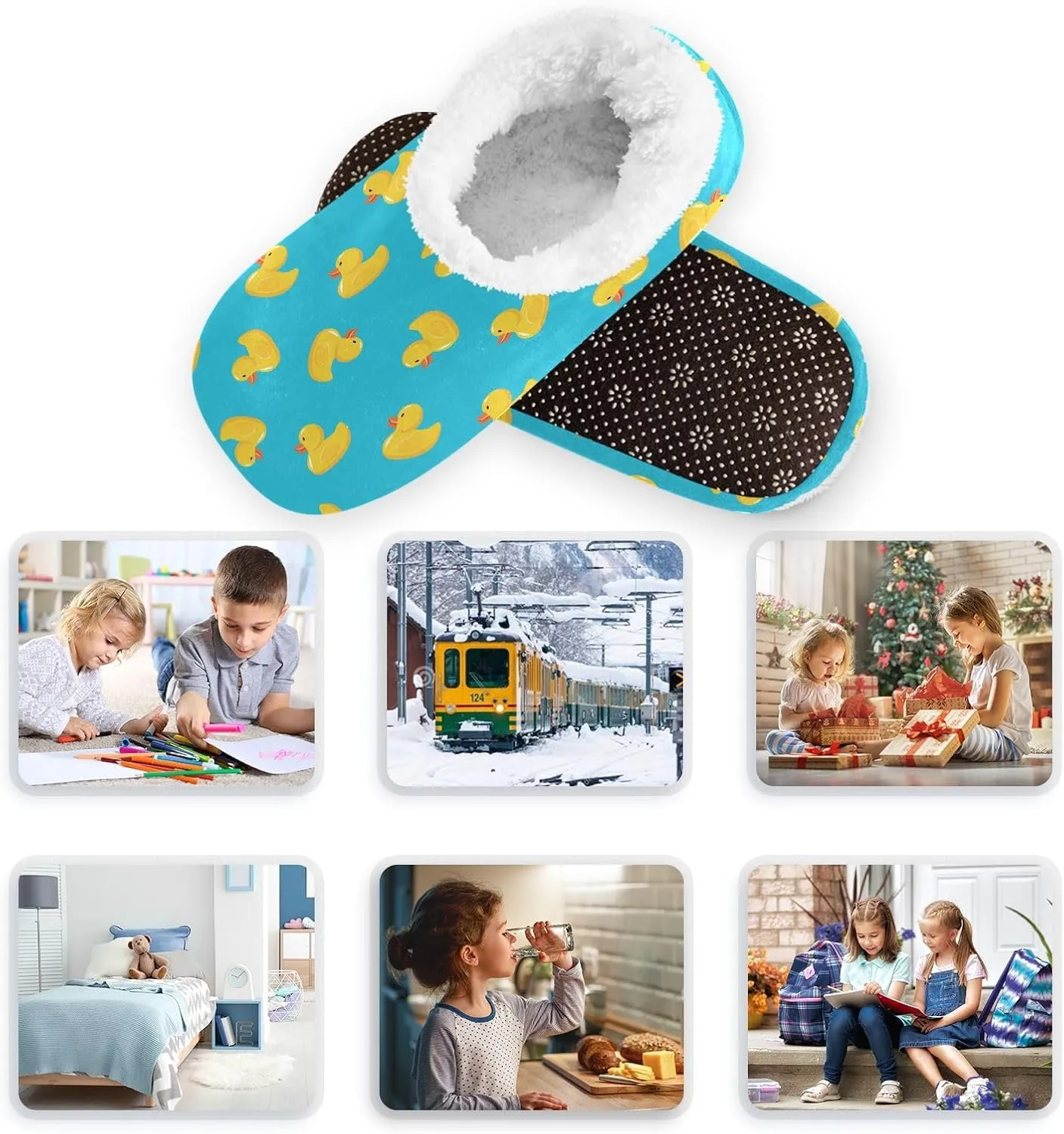 Kids Winter Slippers Duck Seamless Pattern Blue Yellow Warm Soft Non Slip House Slippers for Boys Girls Indoor