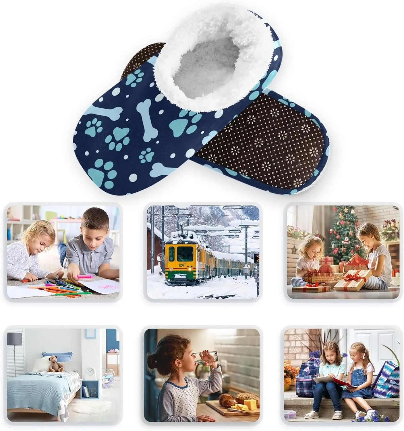 Kids Winter Slippers for Boys Girls Animal Paw Print and Bone Warm Soft Non Slip House Slippers Children Indoor