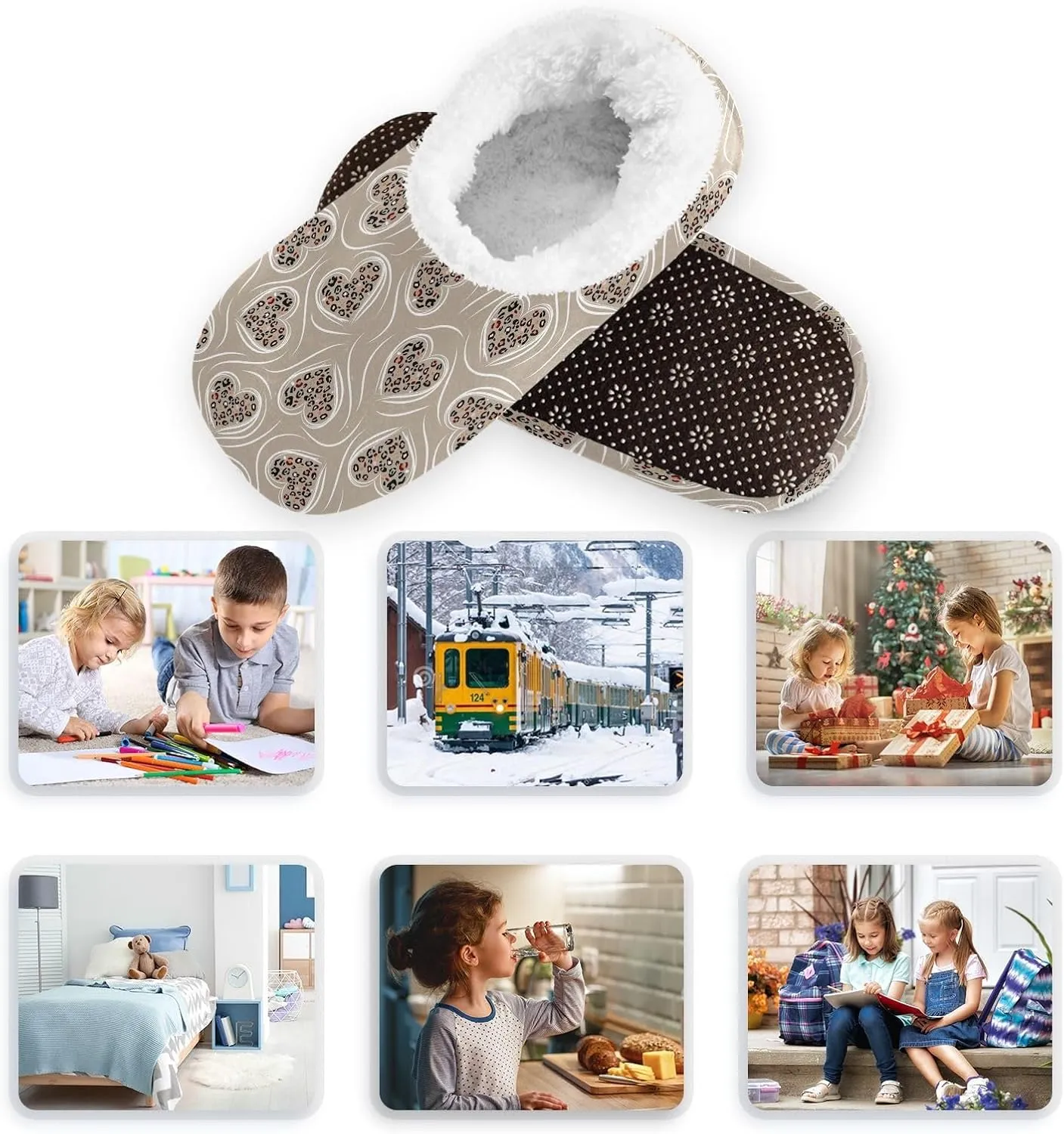 Kids Winter Slippers for Boys Girls Animal Print Leopard Hearts Warm Soft Non Slip House Slippers Children Indoor